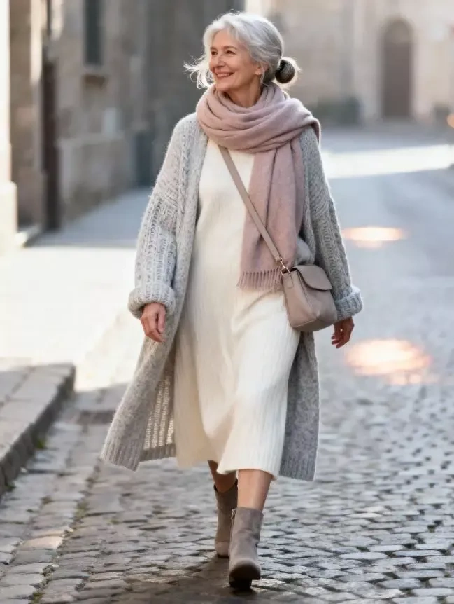 Long cardigan over a dress outfit for women over 40