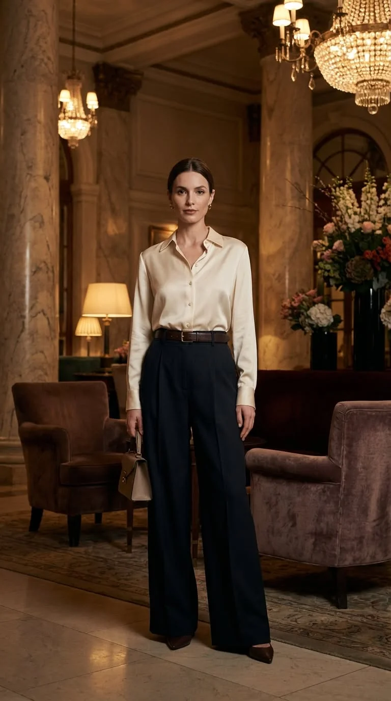 Satin blouse with wool trousers outfit for women over 40