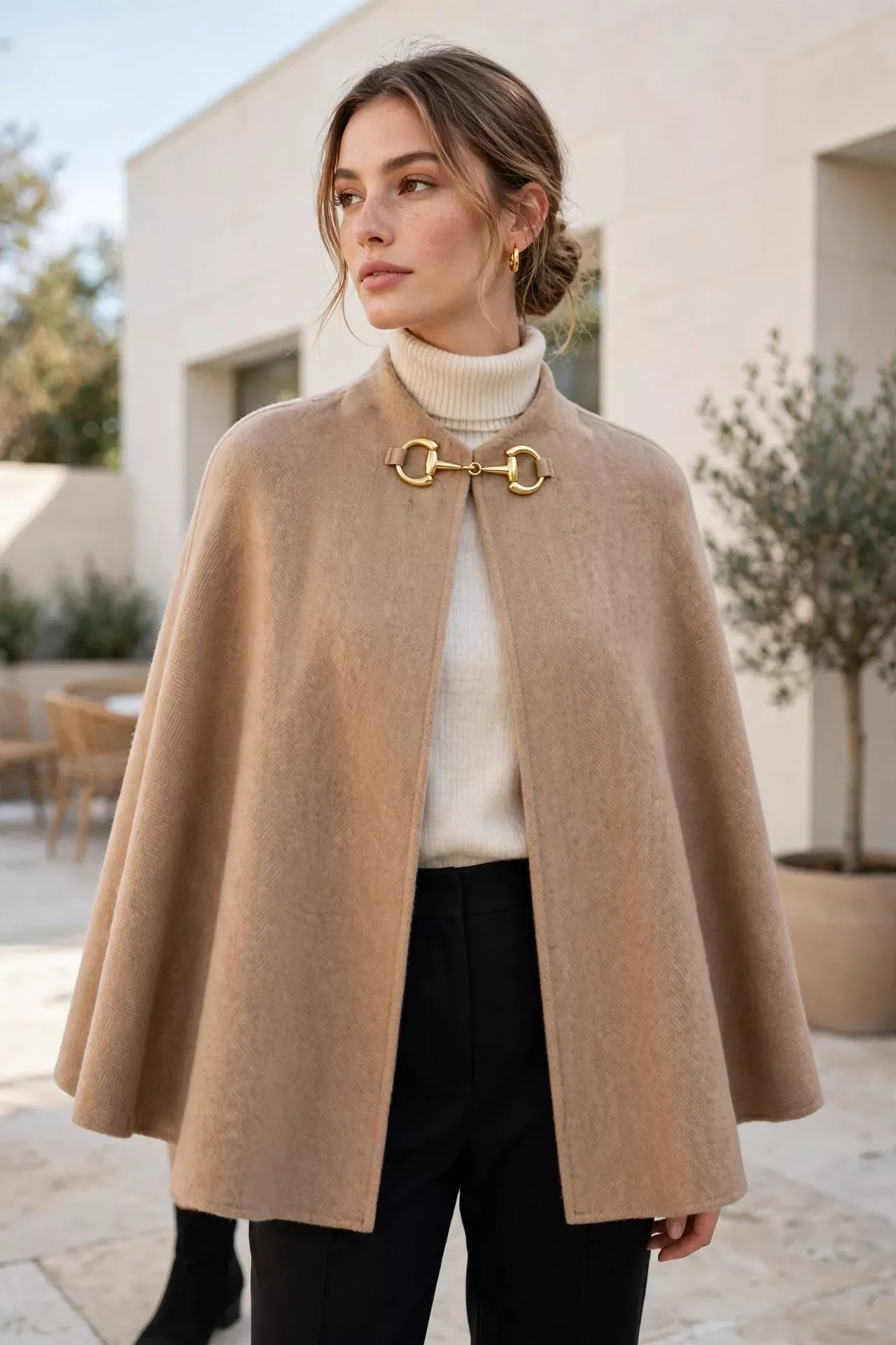 Wool cape outfit for women over 40 in winter