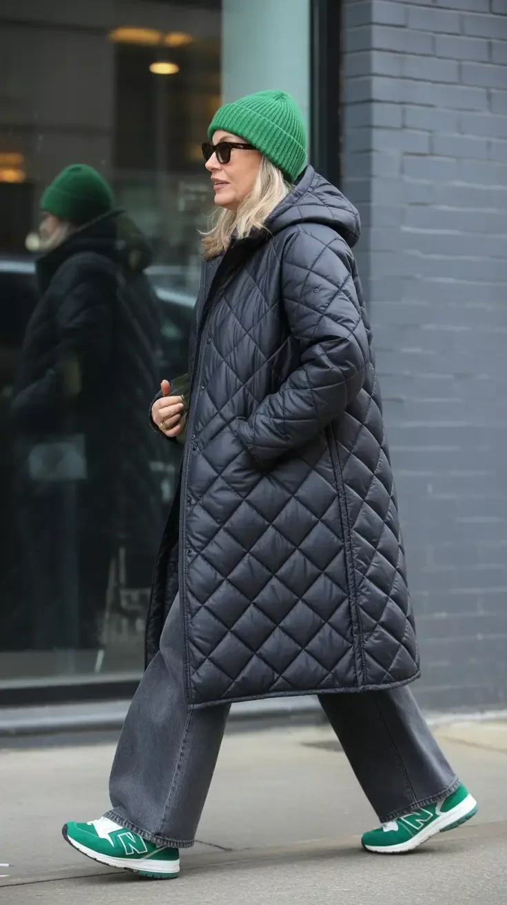 Quilted coat outfit for women over 40 in winter
