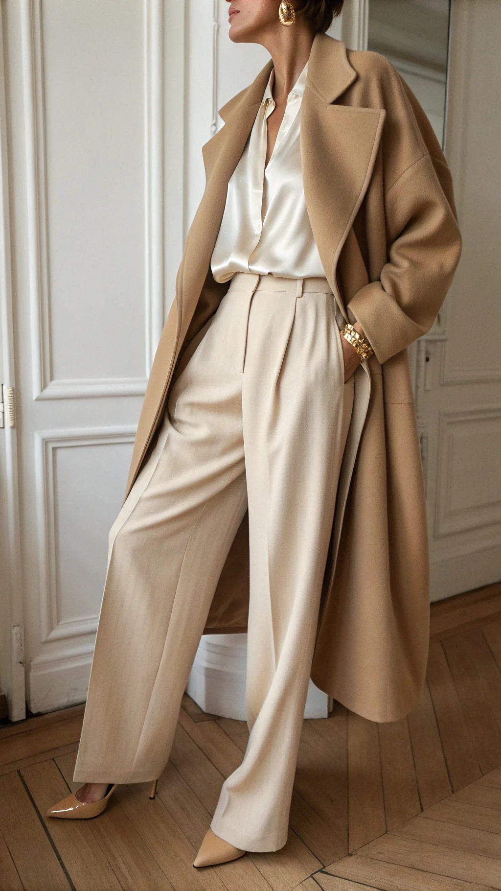 Neutral layered winter outfit for women over 40