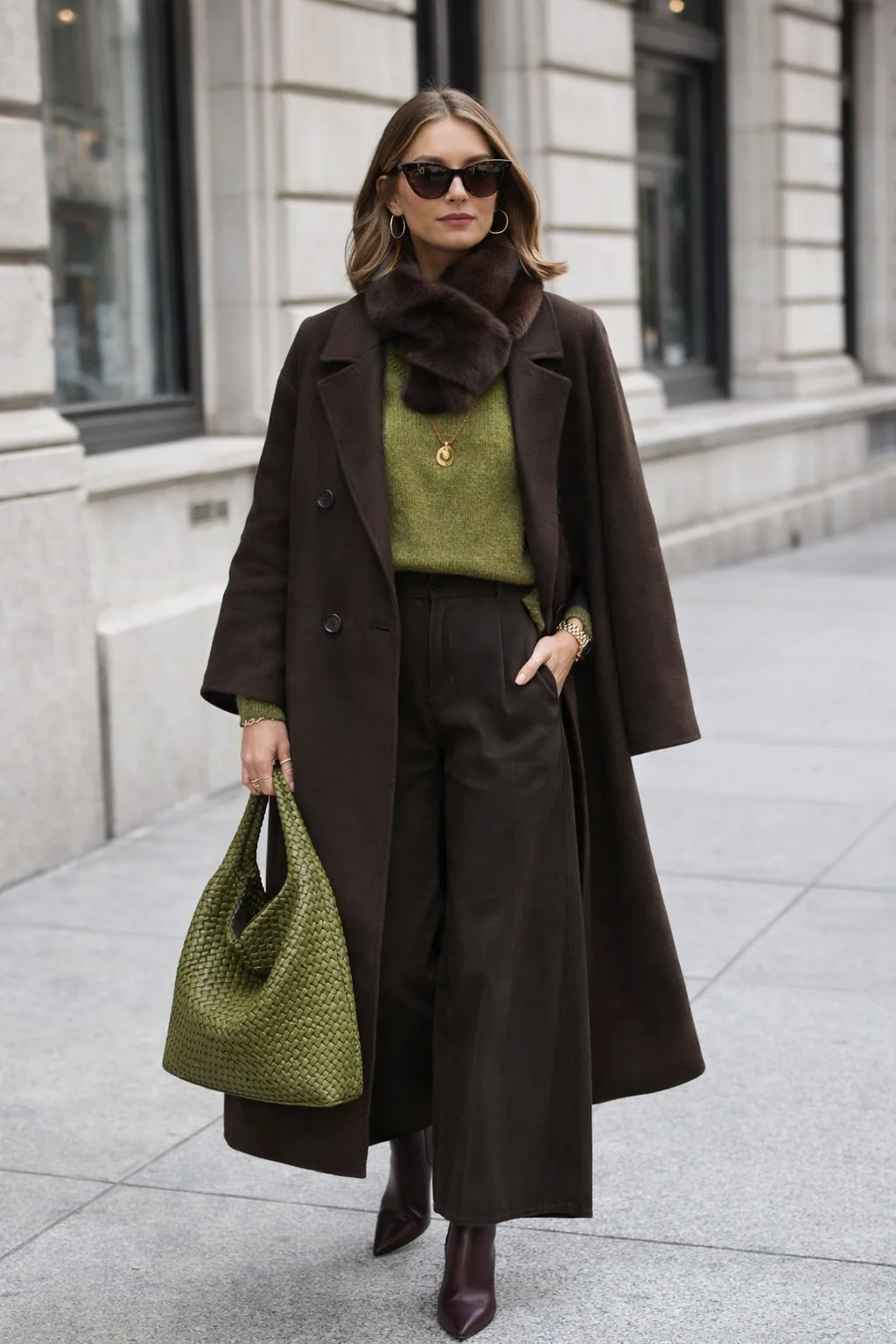 Olive coat outfit for women over 40 in winter
