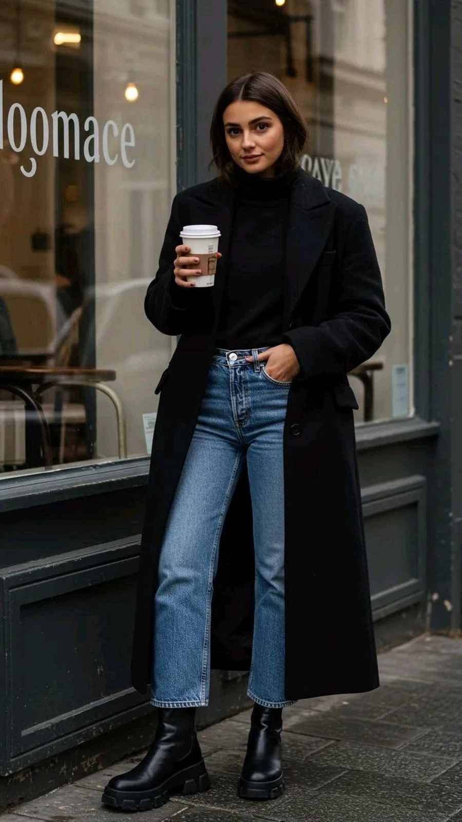 Woman in a wool coat with straight jeans and ankle boots for late fall