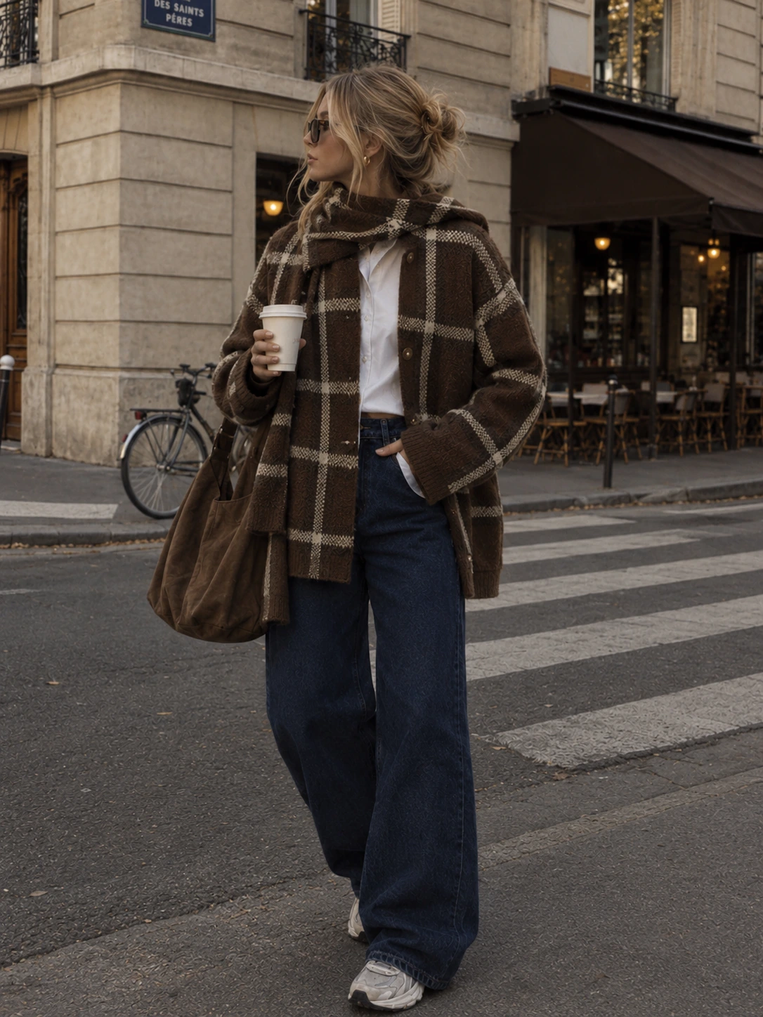 Woman in a plaid coat with wide leg jeans for fall