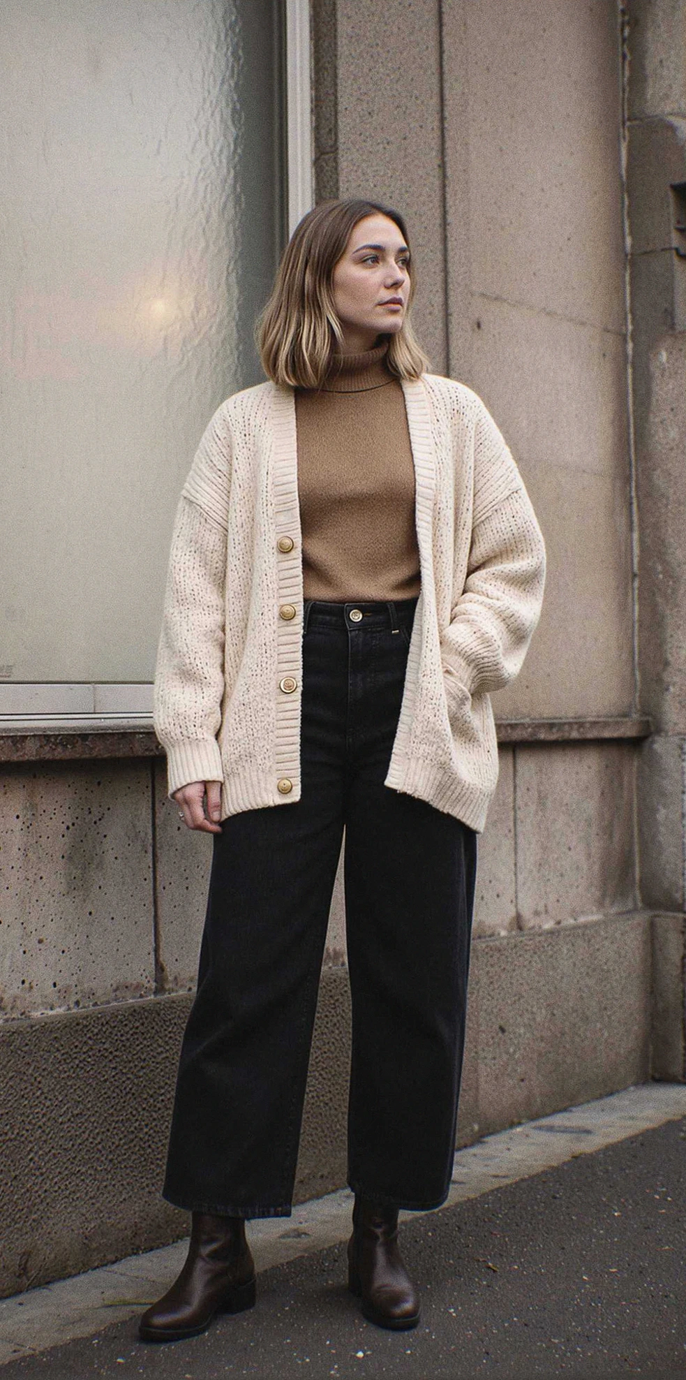 Woman in a chunky cardigan with relaxed trousers for late fall