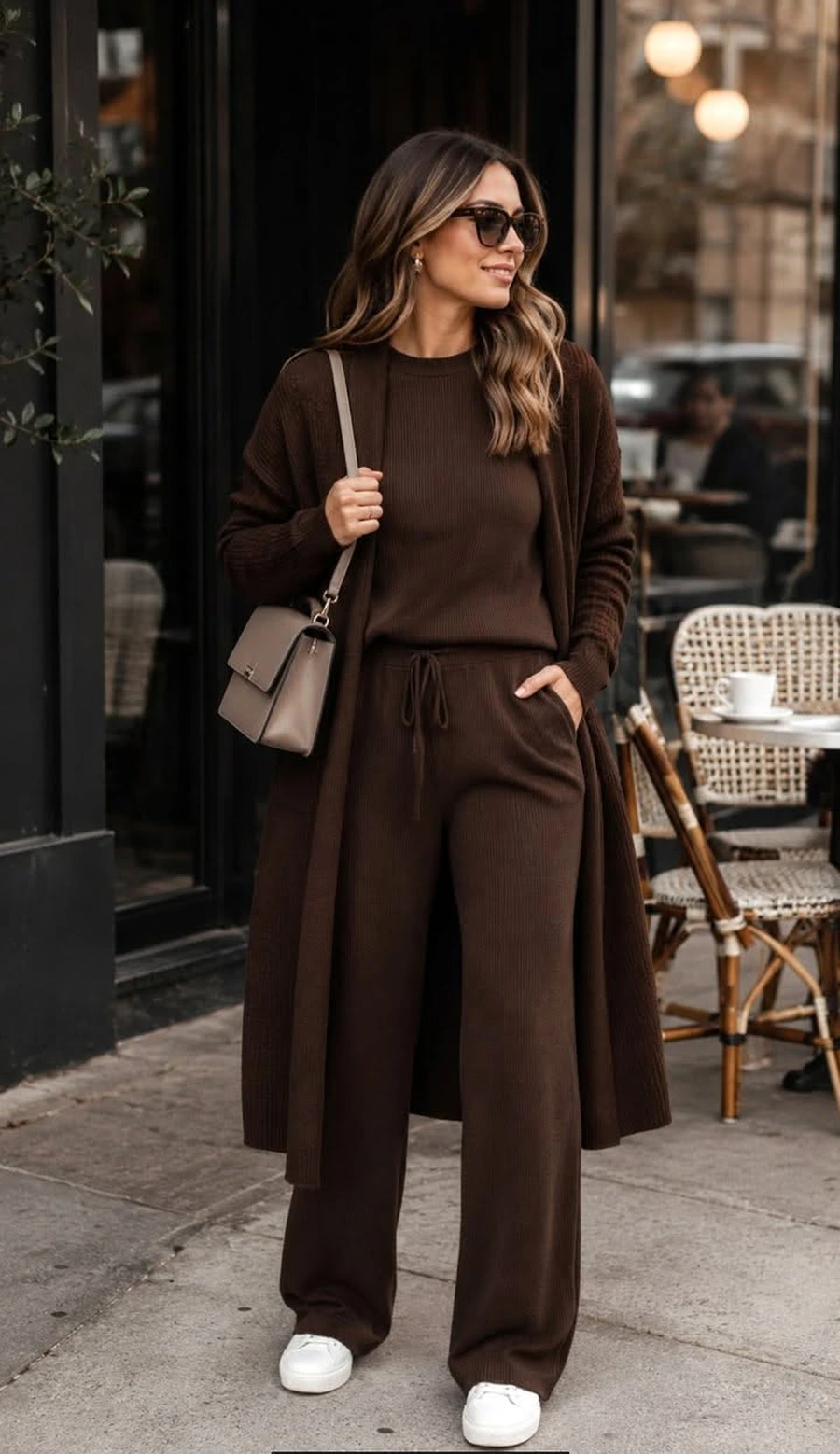 Woman in a brown monochrome knit set with a long coat