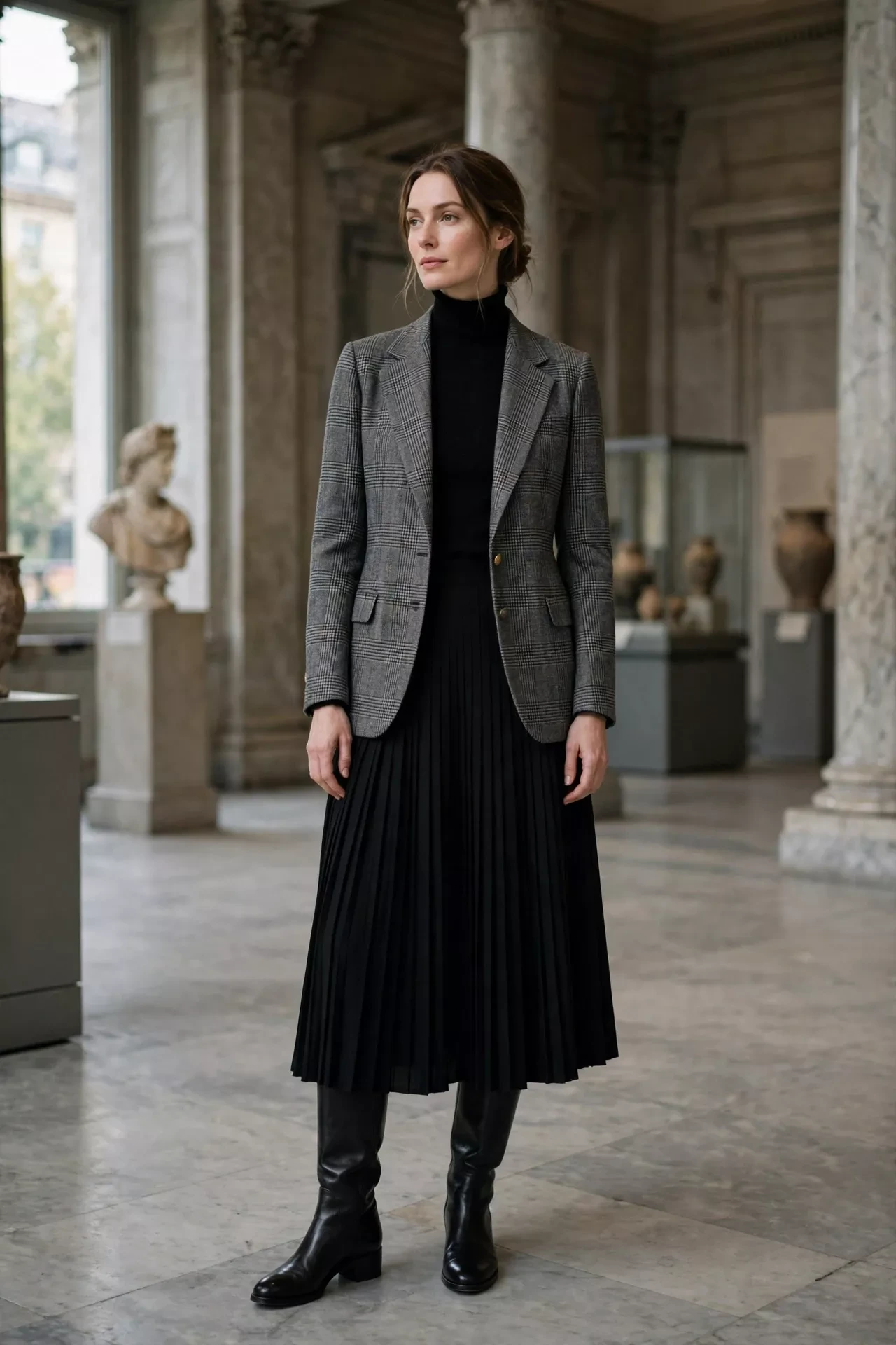 Woman wearing a blazer and turtleneck with a pleated midi skirt