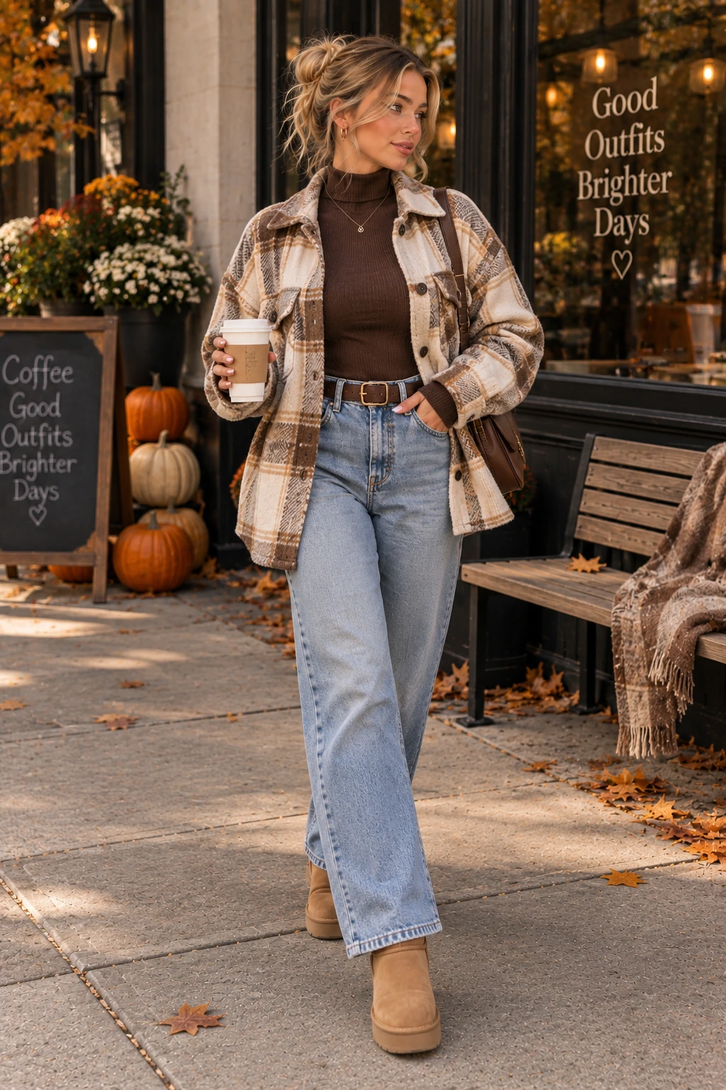 Woman in a flannel shirt and puffer jacket with jeans