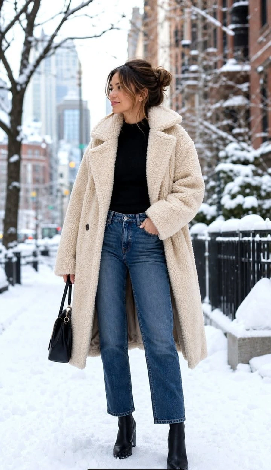 Woman in a teddy coat over a hoodie with straight jeans