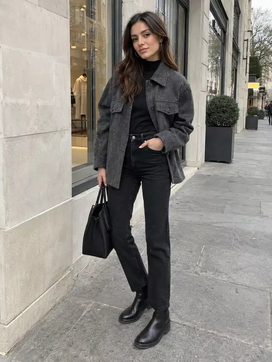 Woman wearing a shacket with a white top and black jeans