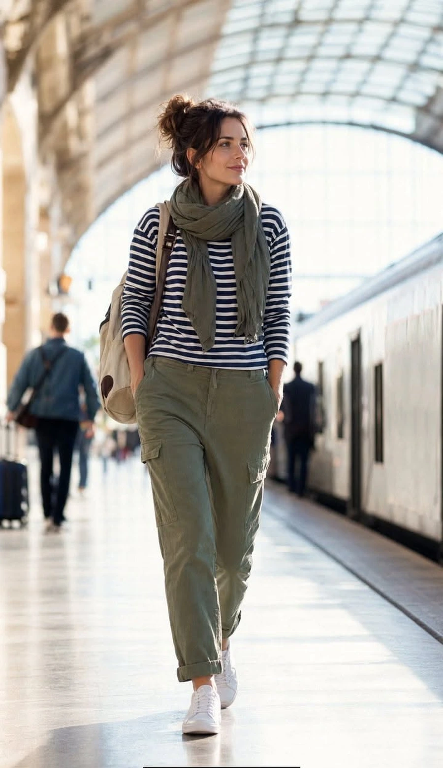 Woman in an olive parka with a striped top and cargo pants