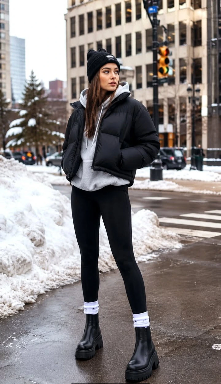 Woman in a hooded puffer coat with leggings and chunky boots