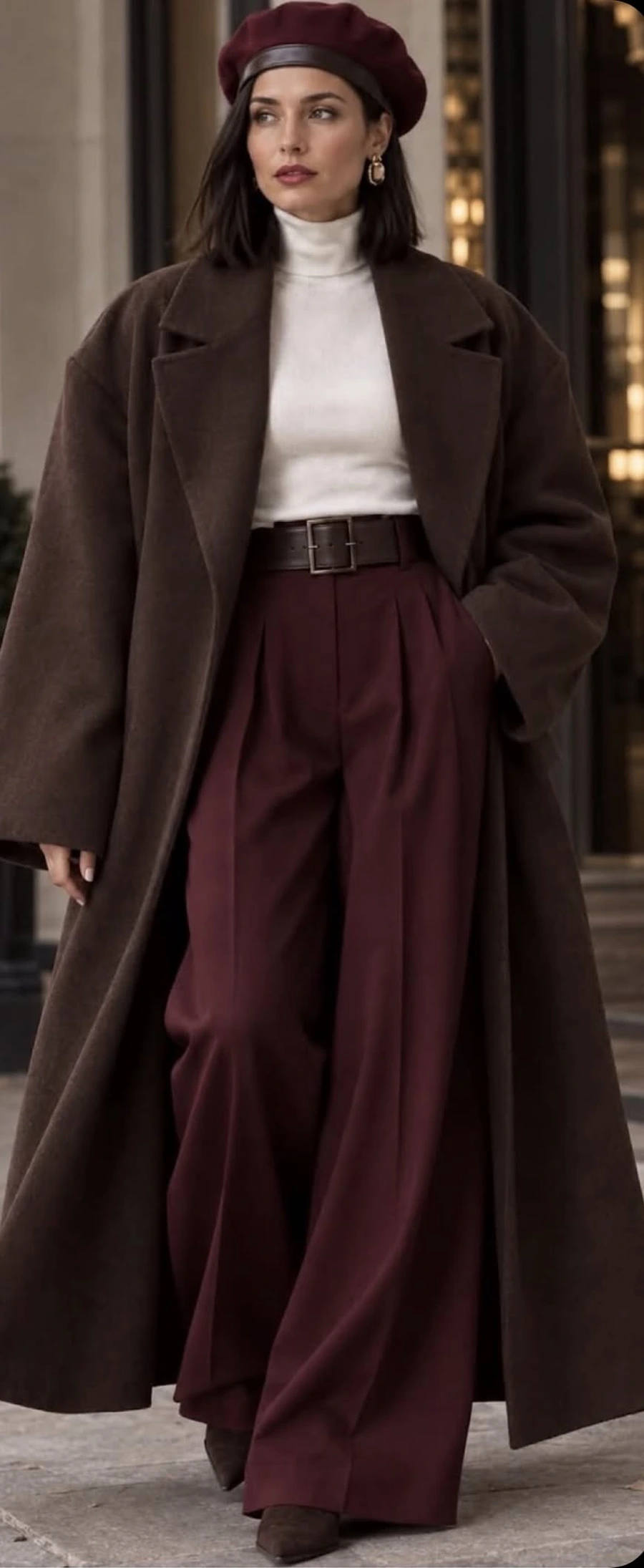 Woman in a double breasted coat with wide leg trousers
