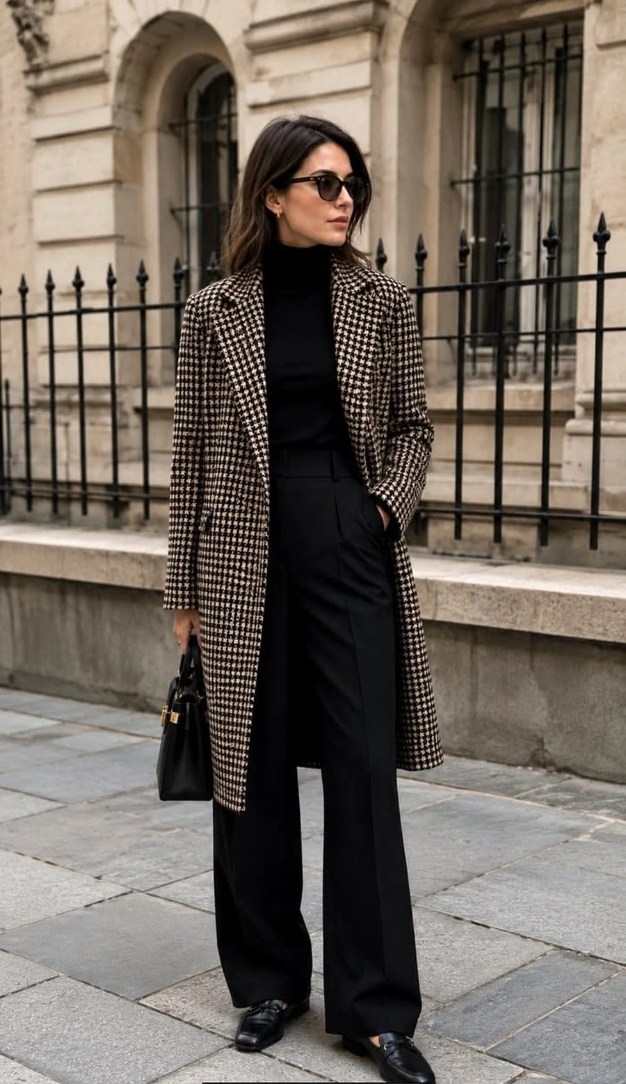 Woman in a herringbone coat with a turtleneck and ankle pants