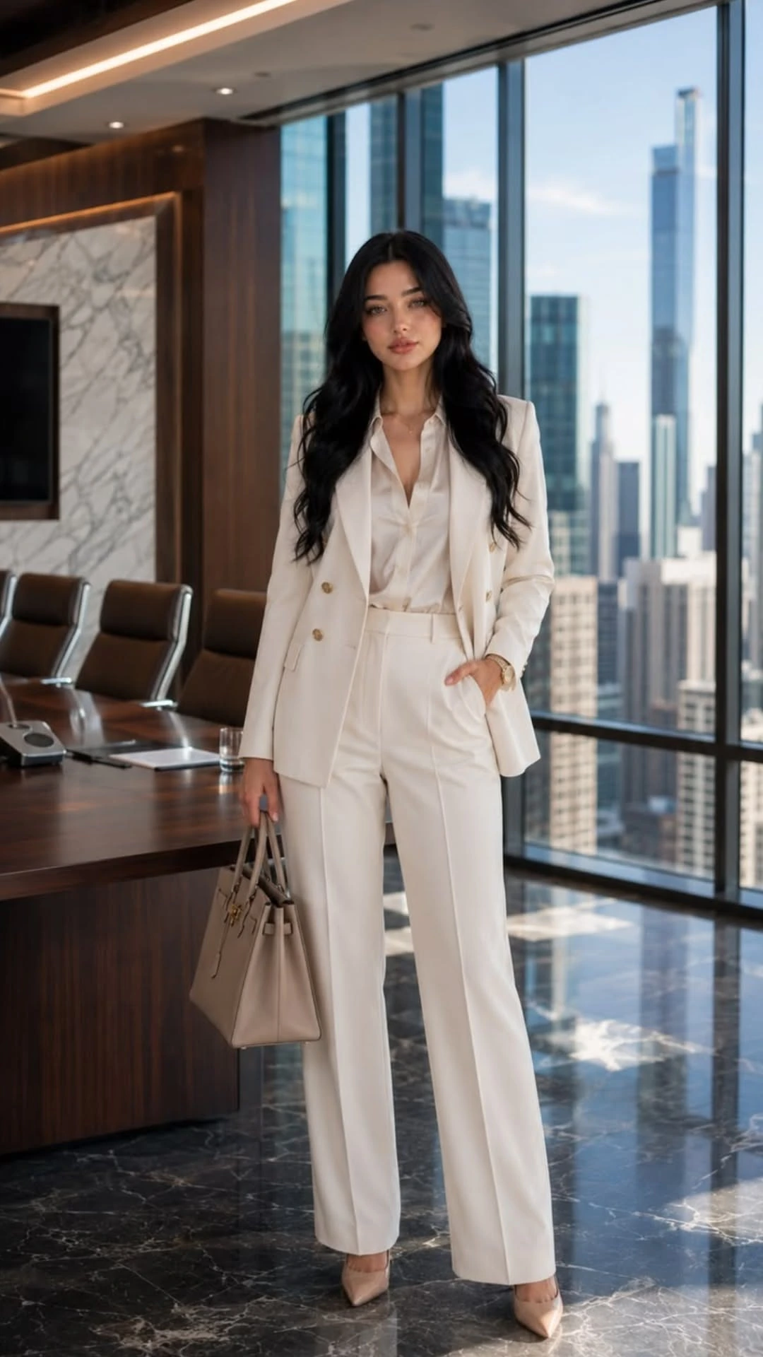 Woman in a satin blouse with a wool blazer and straight trousers