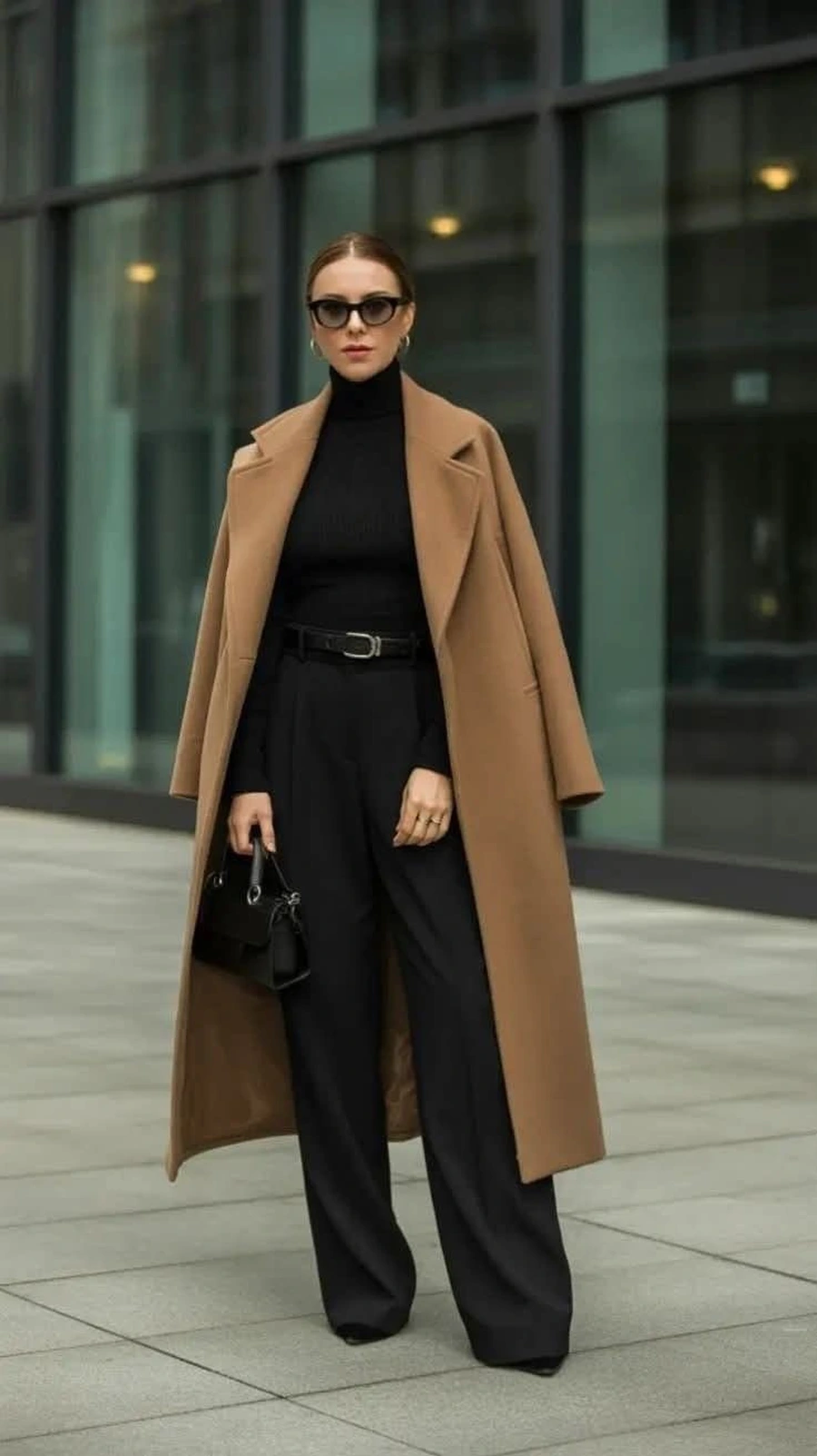Woman in all black layers with camel accessories for winter