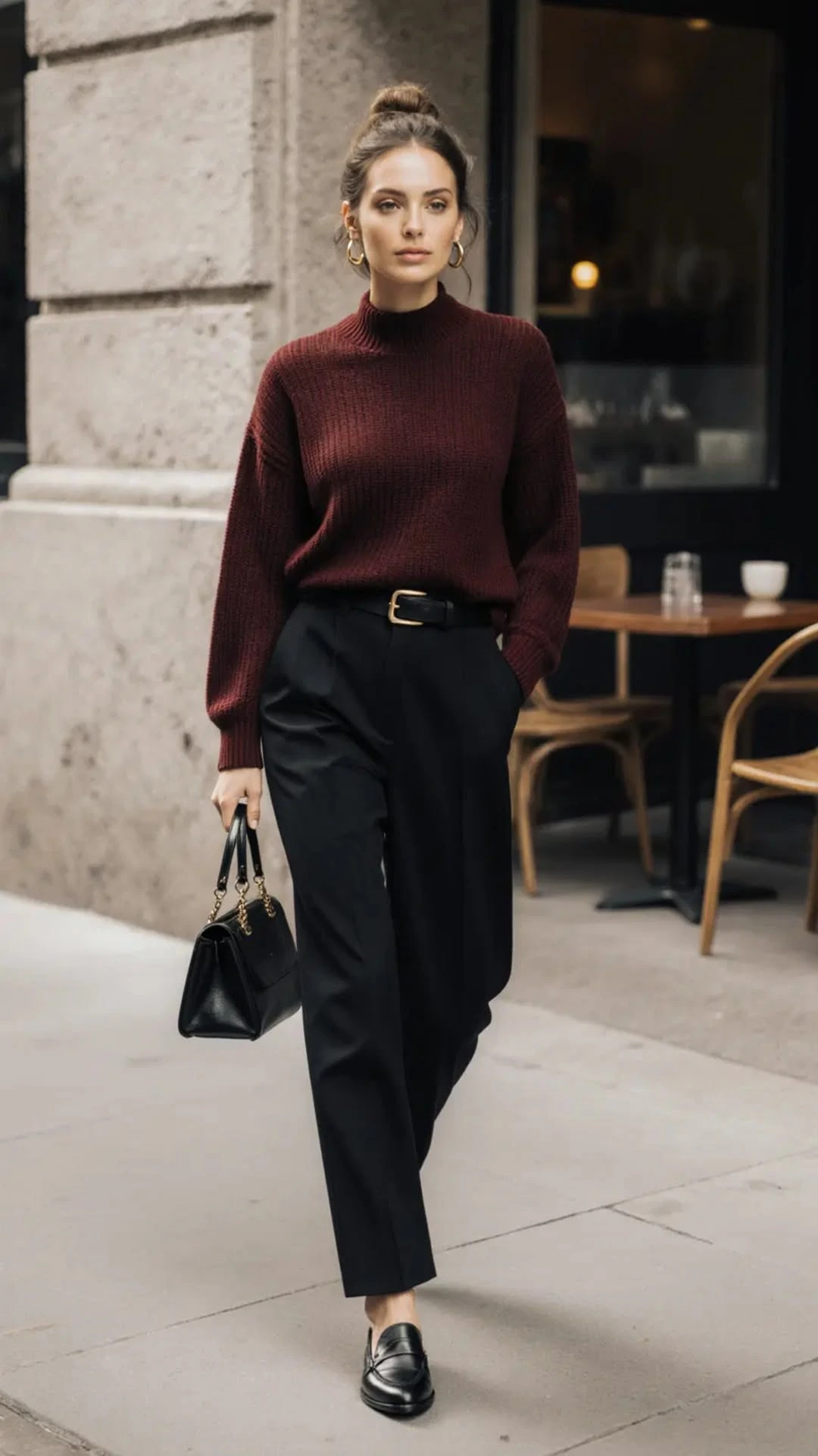 Woman in a black wool coat with a burgundy knit and black trousers for fall