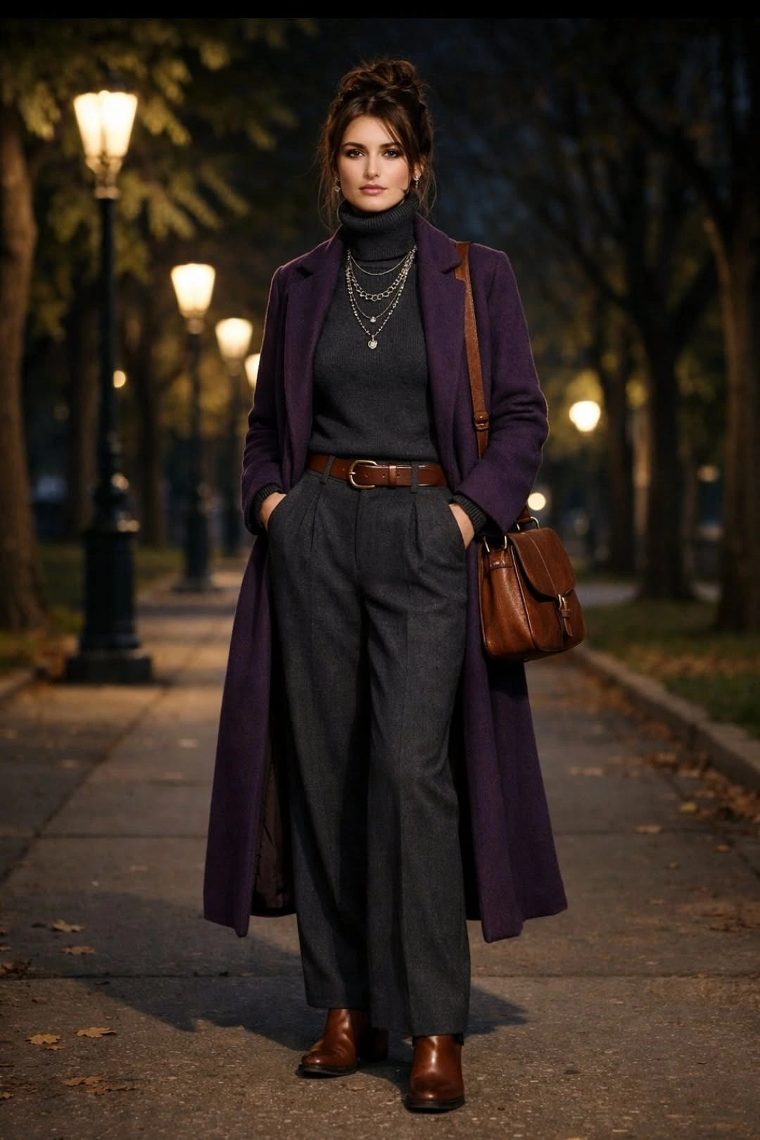 Woman wearing a charcoal coat with a plum sweater and dark jeans