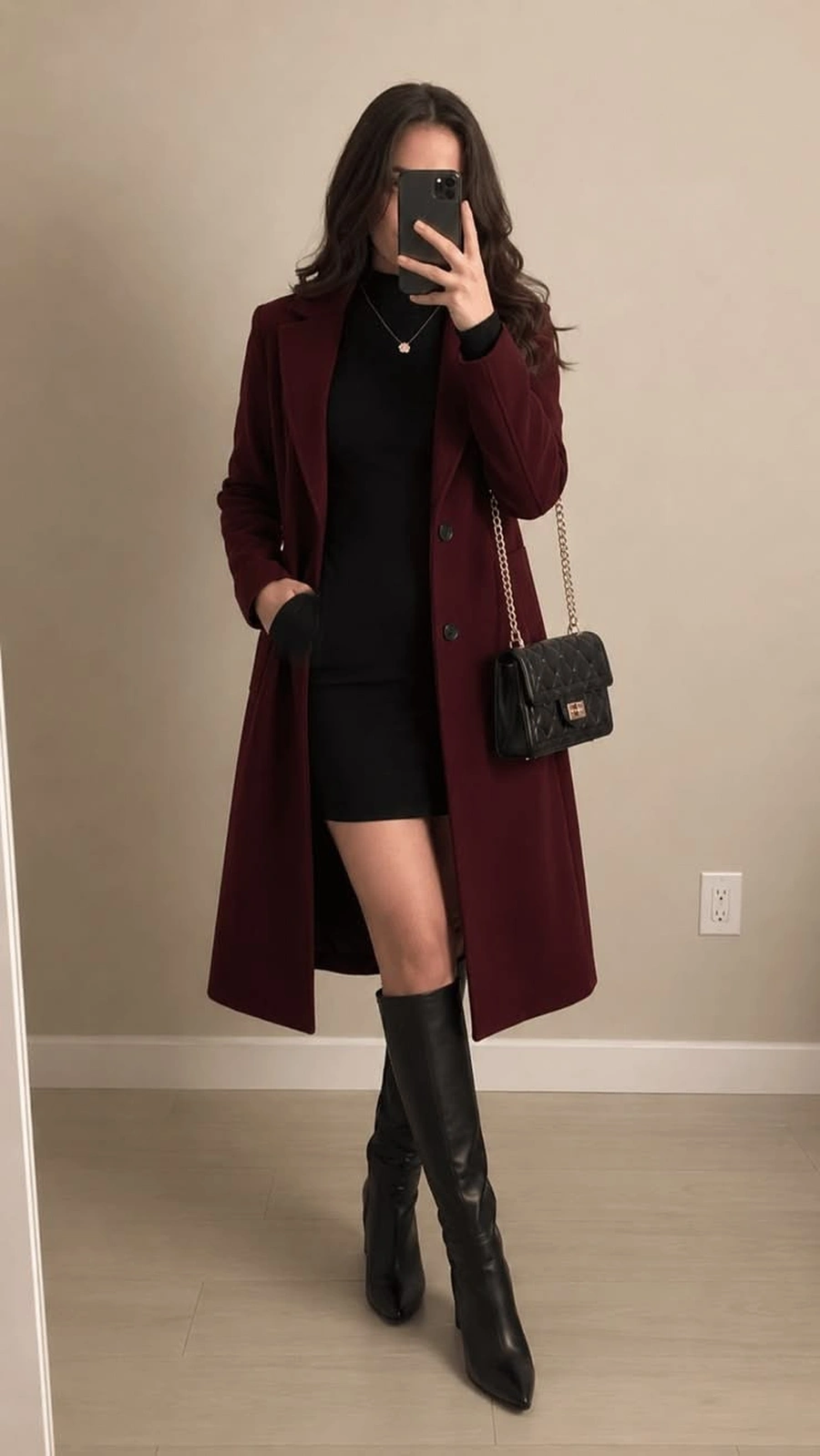 Woman wearing a wine knit dress with a black coat and knee high boots