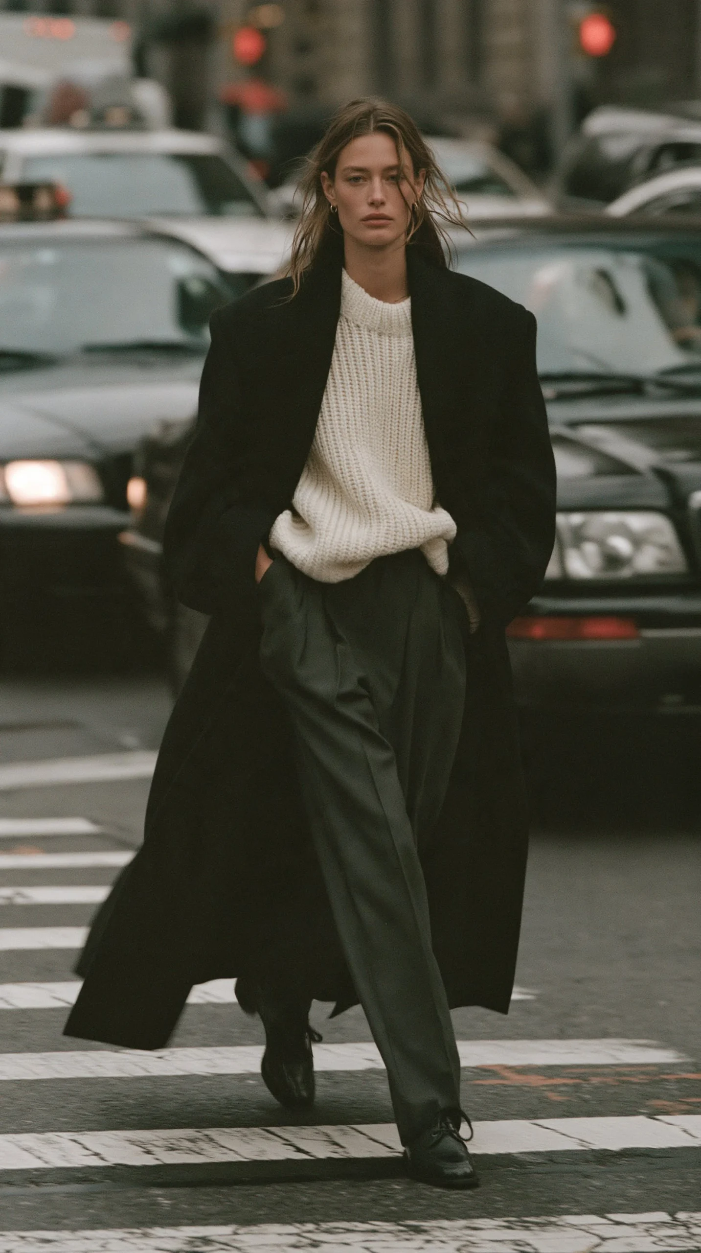 Woman wearing black wide leg trousers with a fitted knit and dark coat