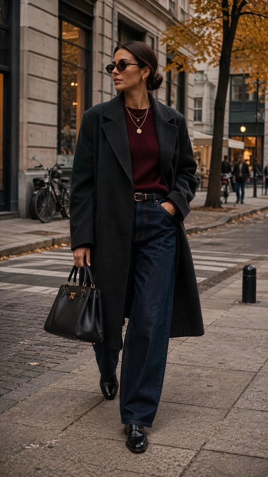 Woman wearing an oxblood trench coat with a black top and dark jeans