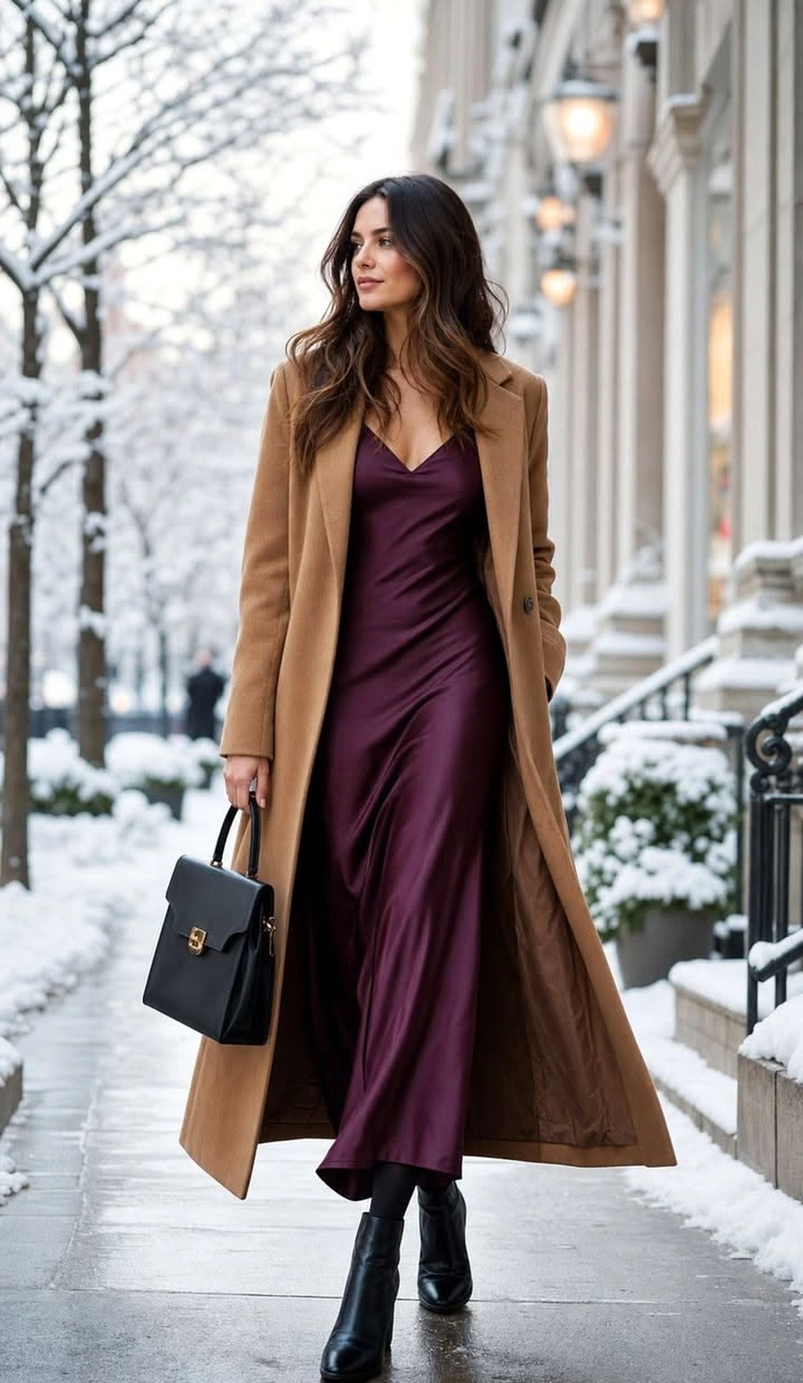 Woman in a plum satin dress with a black coat and heels