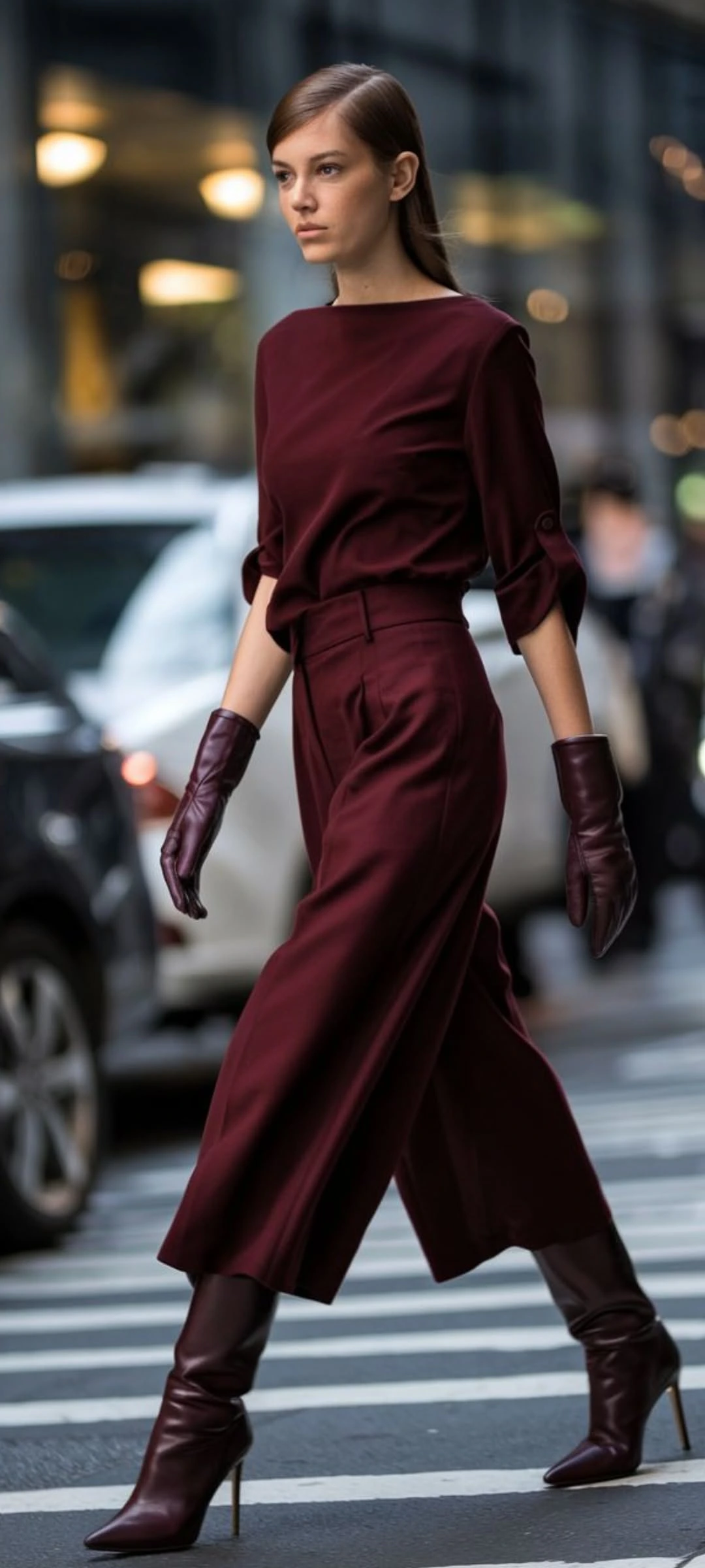 Woman wearing a dark burgundy suit with a black top and boots