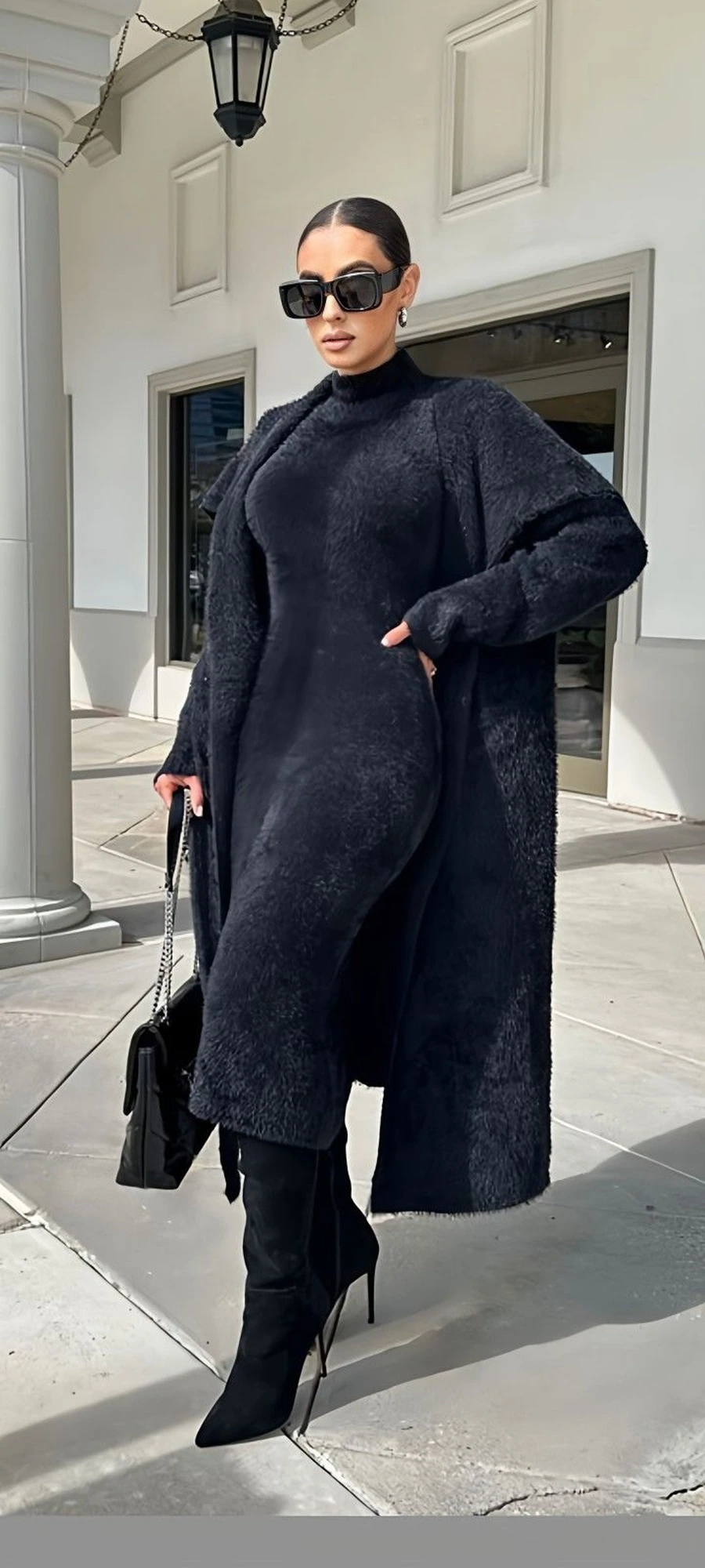 Woman in a black knit co ord set with a long dark coat and boots