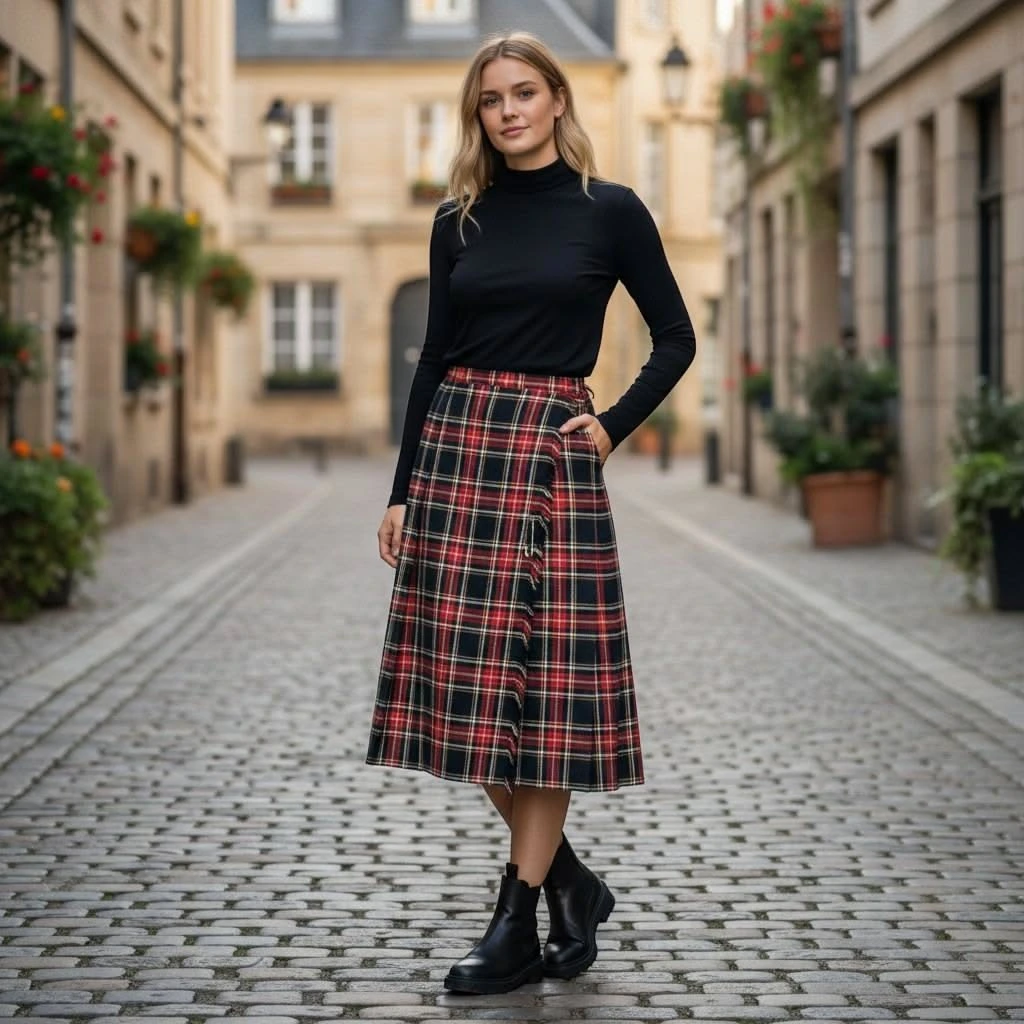 Woman in a black turtleneck with a brown plaid midi skirt and ankle boots
