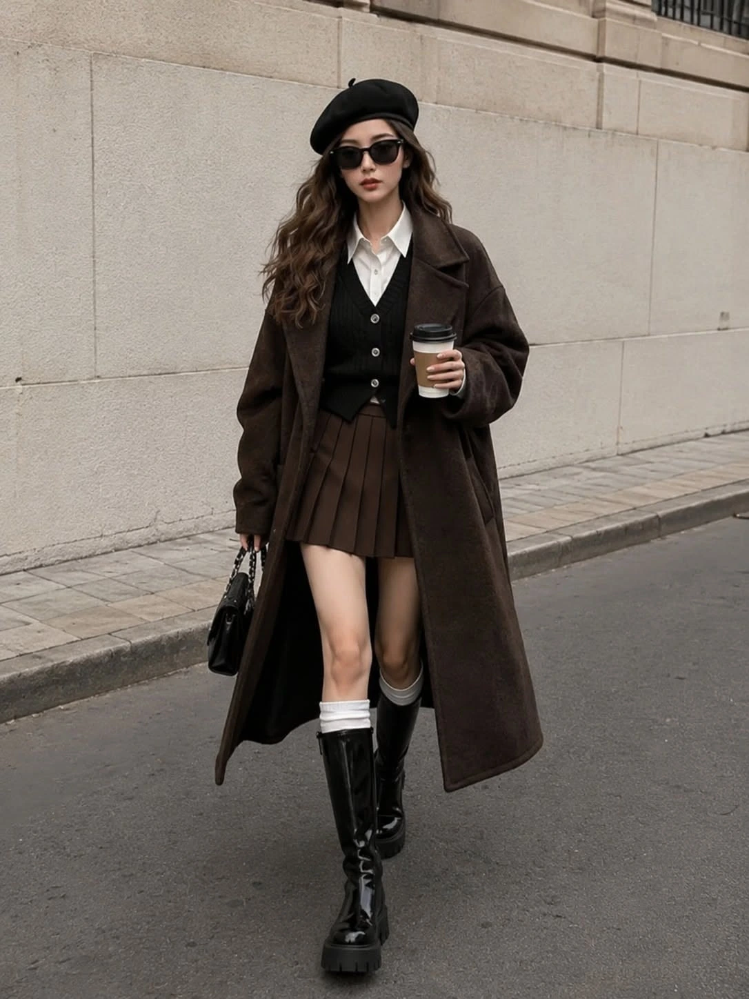 Woman in an oversized wool coat over a sweater vest with knee high boots
