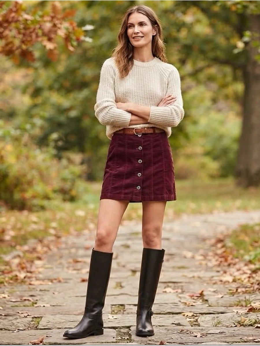 Woman in a cream knit with a burgundy corduroy skirt and tall boots