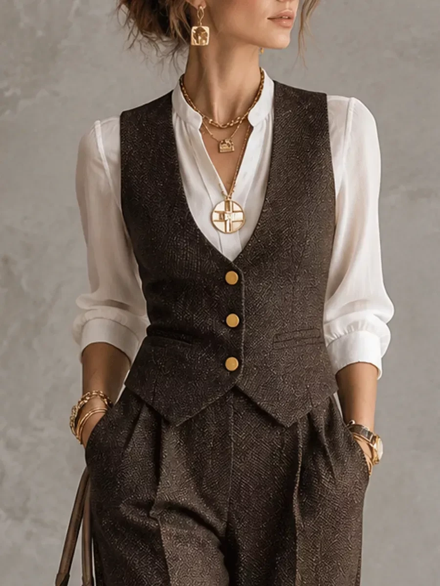 Woman in a cream blouse with a brown tweed vest and brown trousers