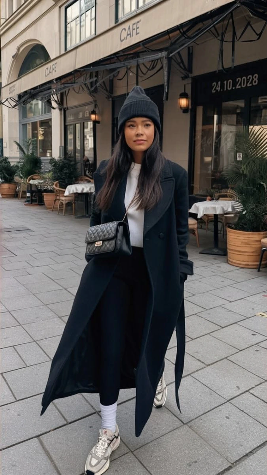 Woman in a long black coat with a white top and black trousers