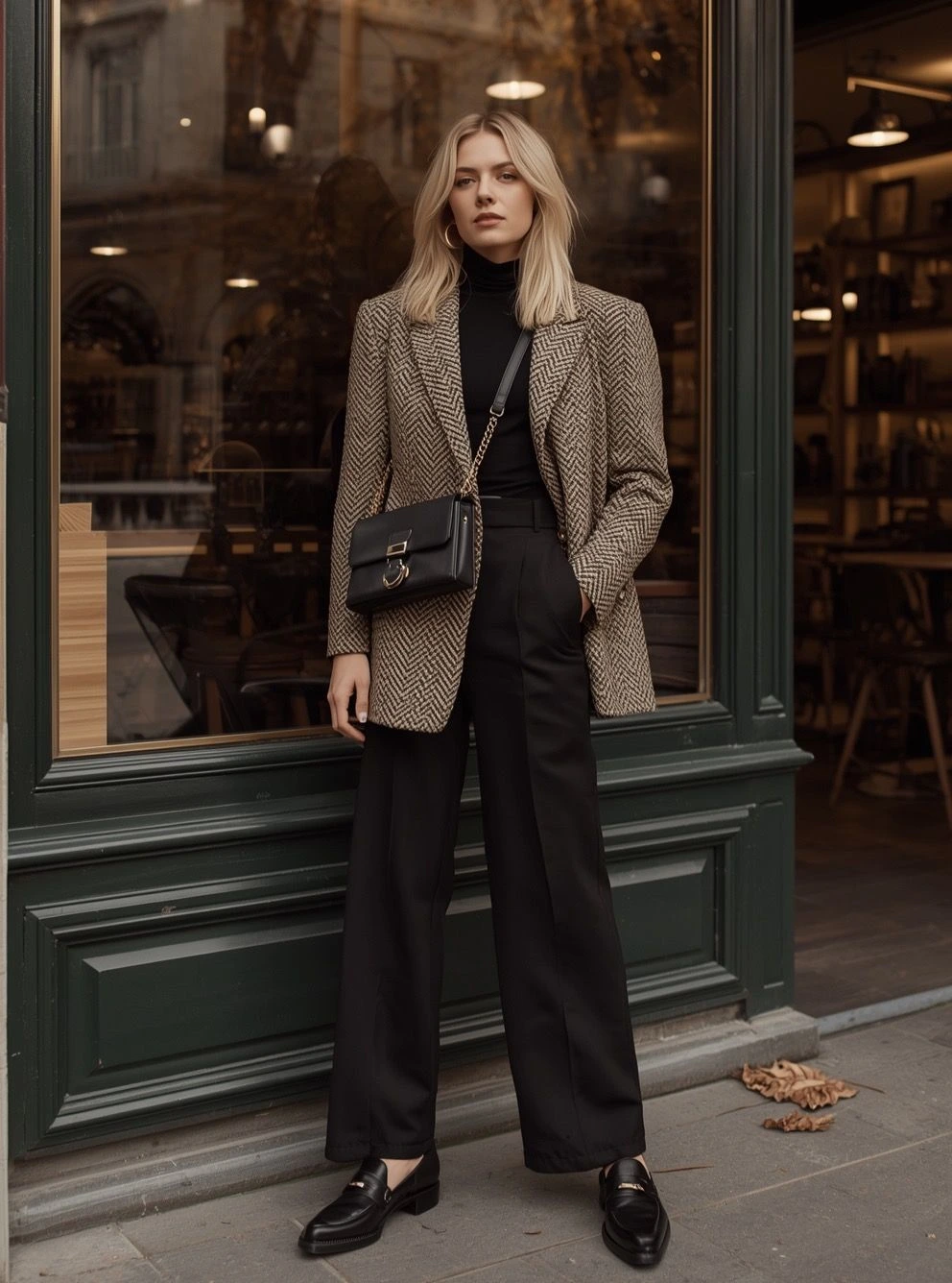 Woman in a houndstooth blazer with a black turtleneck and wide leg trousers