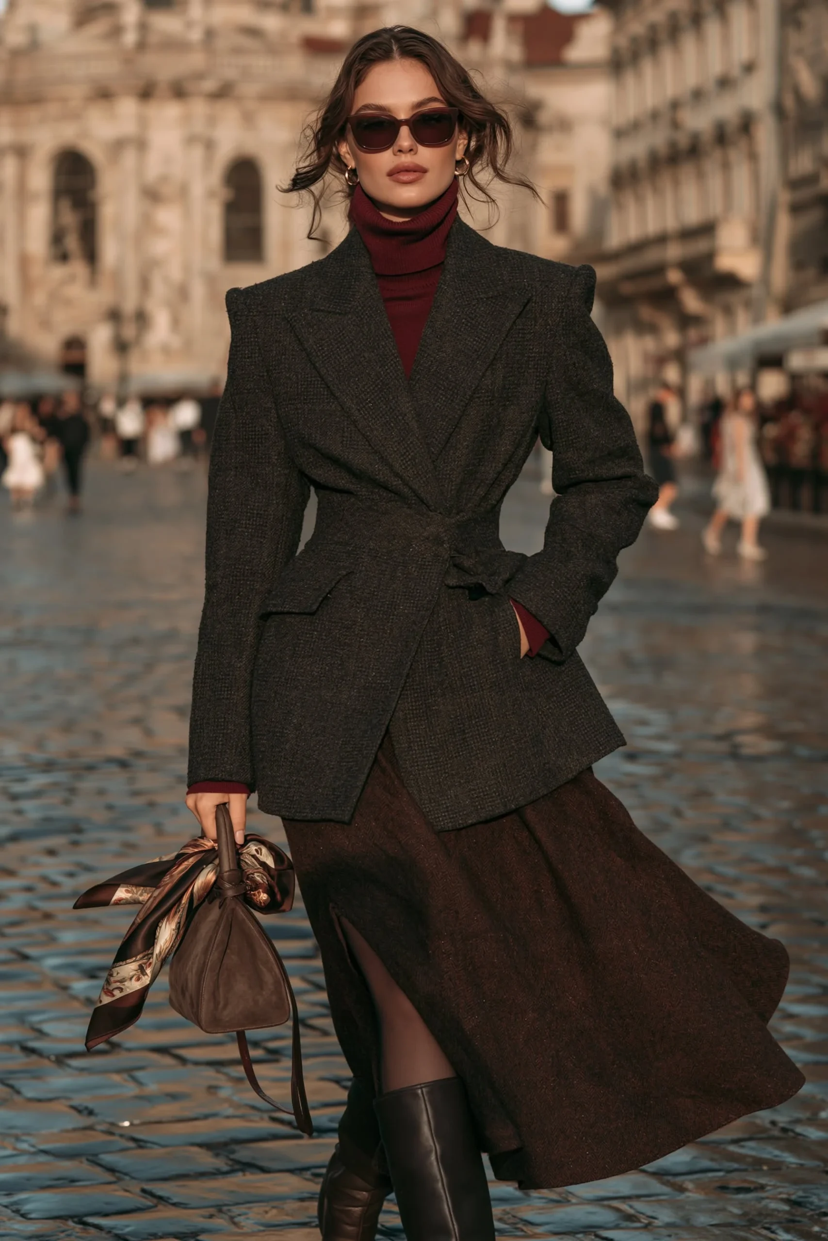 Woman in a dark blazer with a burgundy turtleneck and brown midi skirt