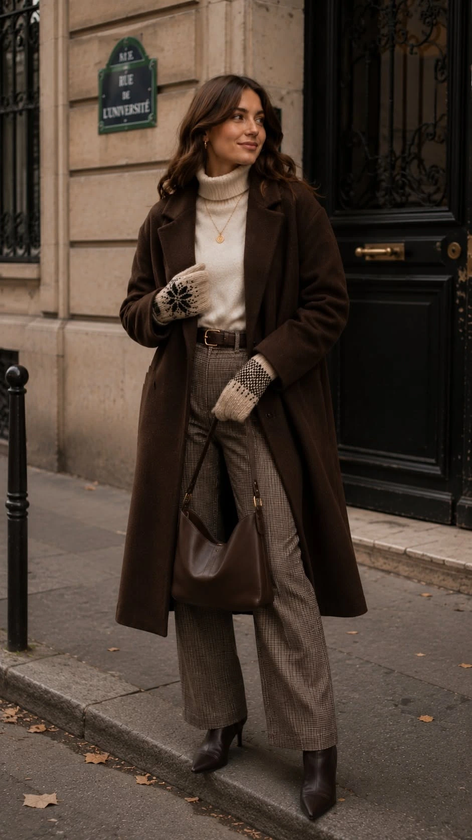 Woman in a long brown coat with a cream knit and wide trousers