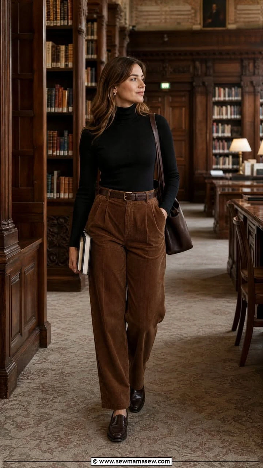 Woman in a black turtleneck with brown wide leg trousers and loafers