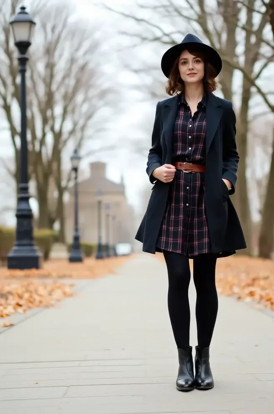 Woman in a tartan coat over a plaid dress with ankle boots