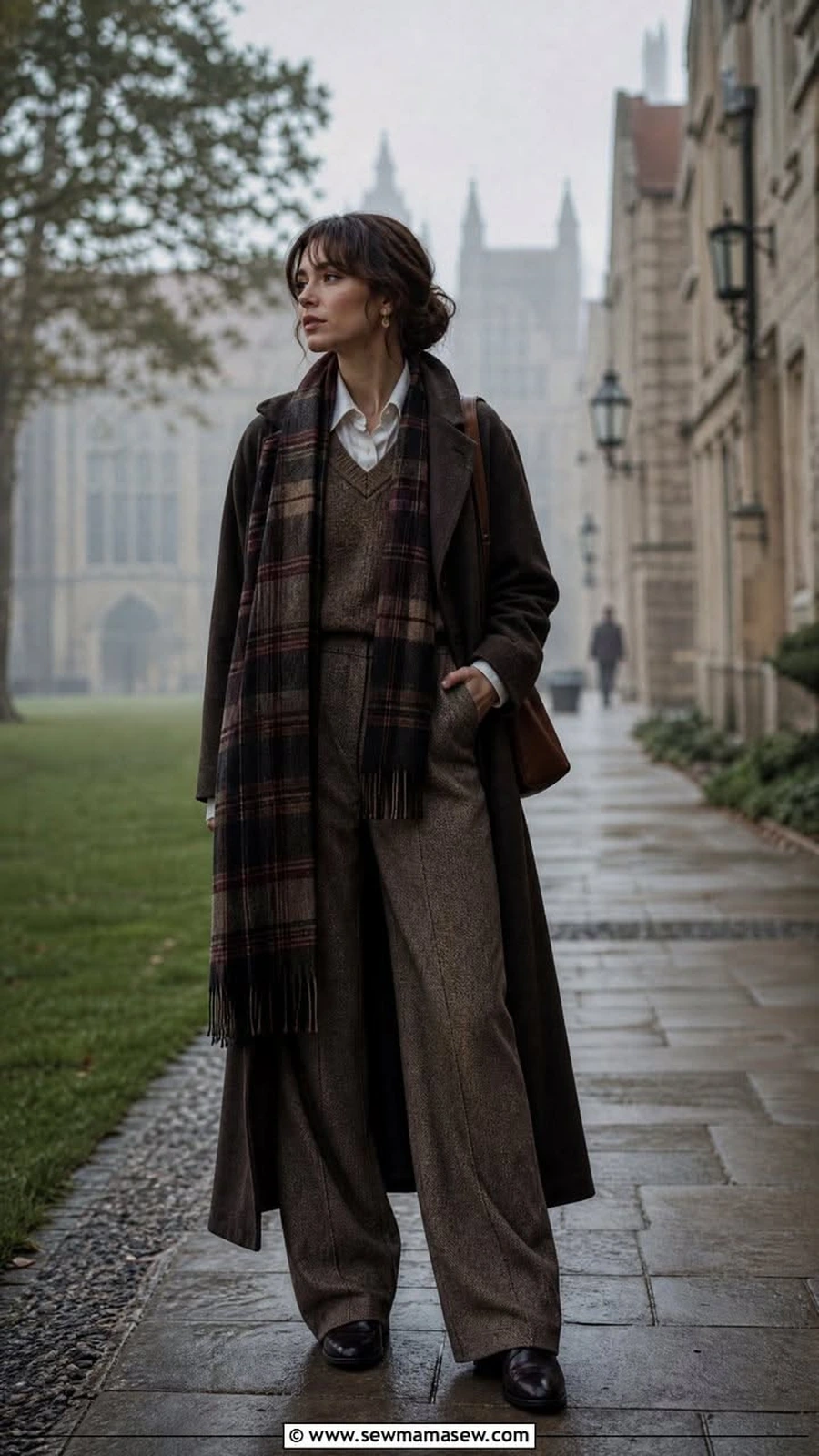 Woman in a long plaid coat with a sweater vest and plaid trousers