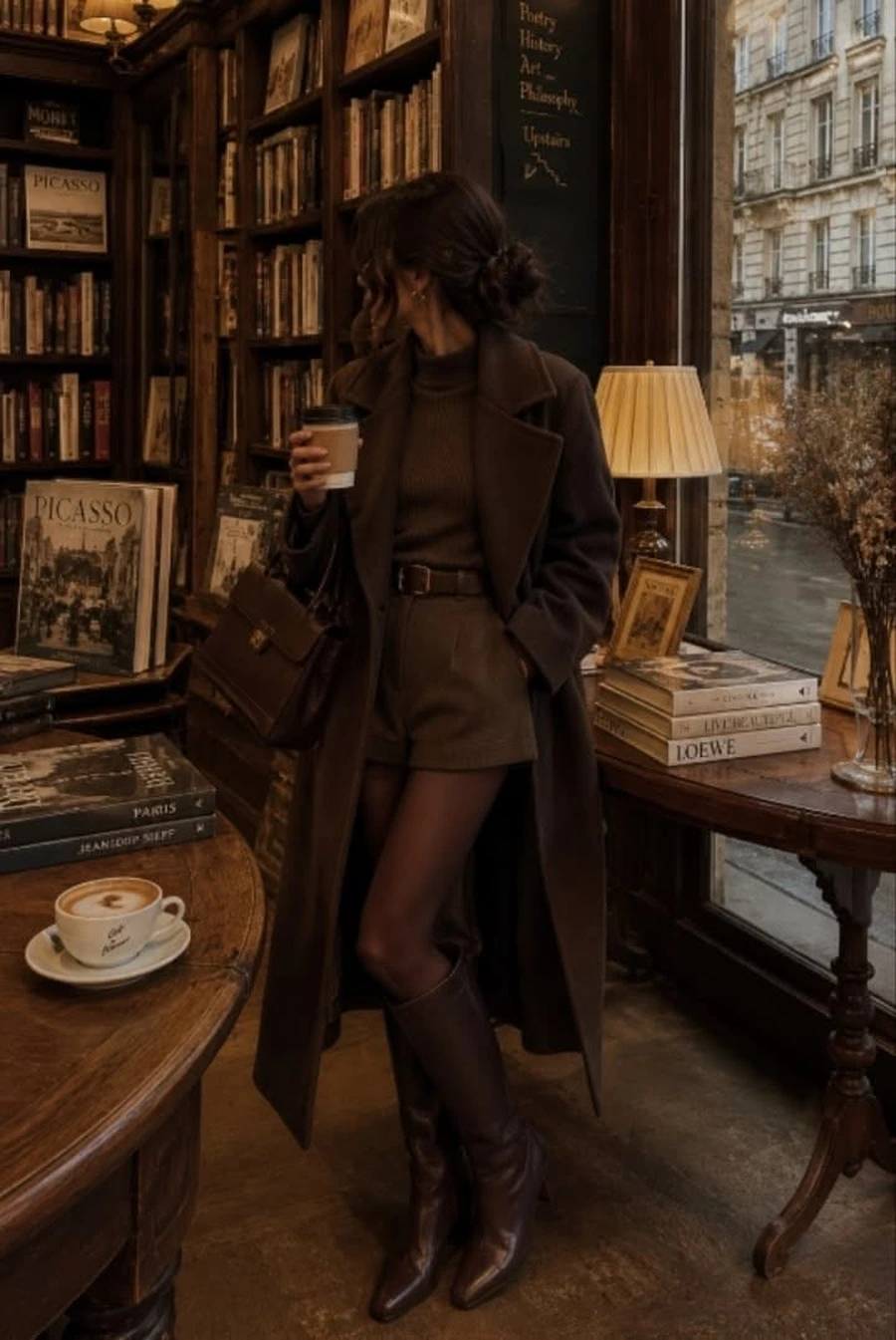 Woman in all brown tones with a chocolate knit, tan coat, and tall boots