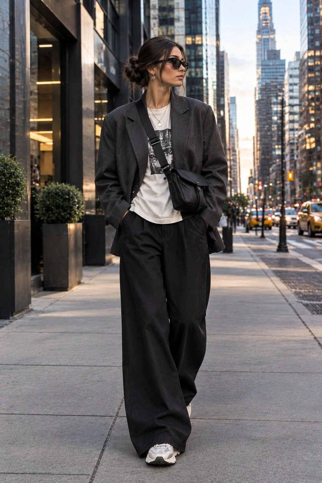 Woman wearing chunky sneakers with an oversized blazer and wide leg jeans
