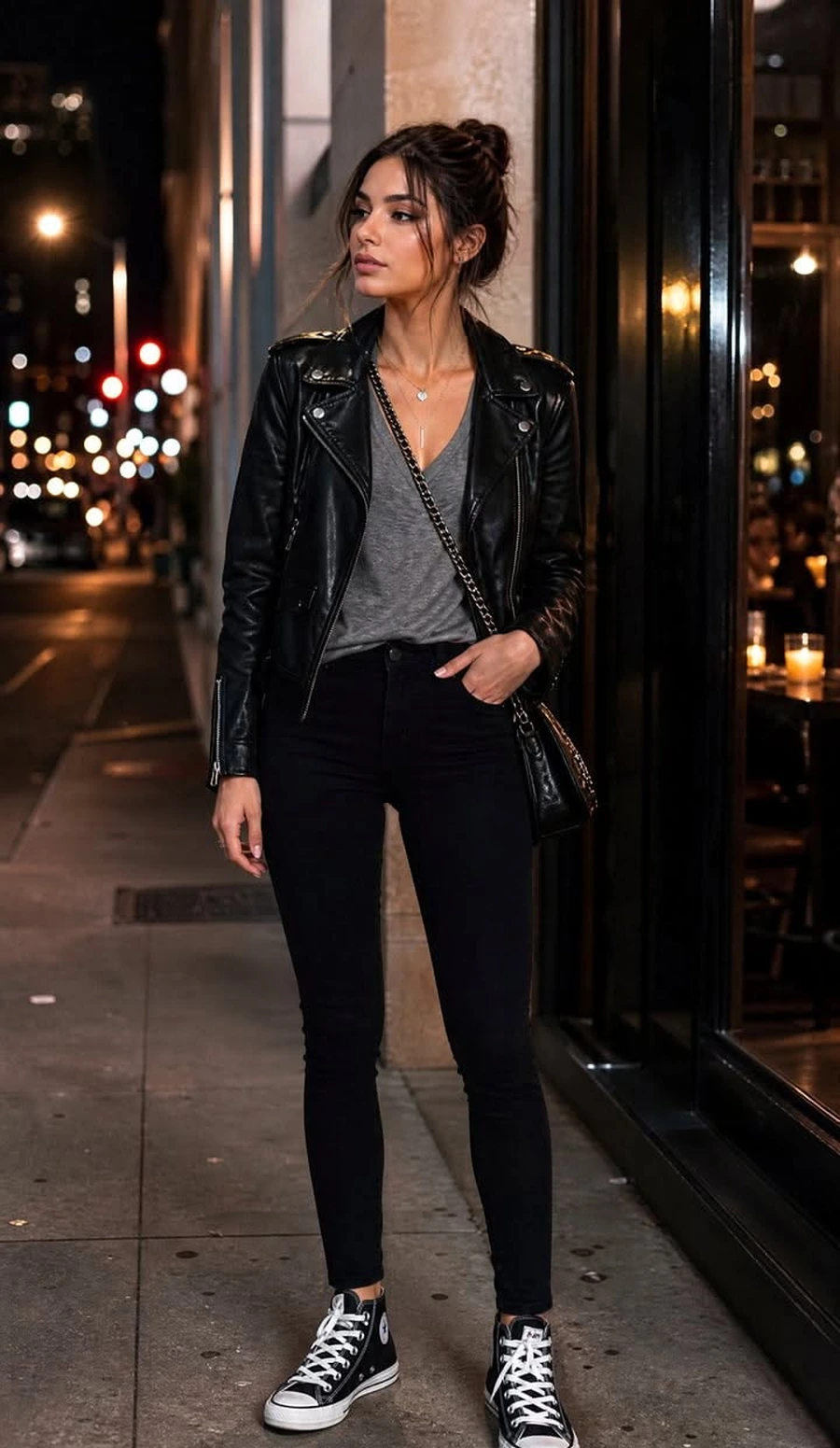Woman wearing leather sneakers with a leather jacket and black jeans