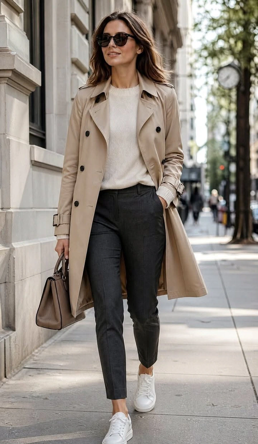Woman wearing white sneakers with a trench coat and cropped trousers
