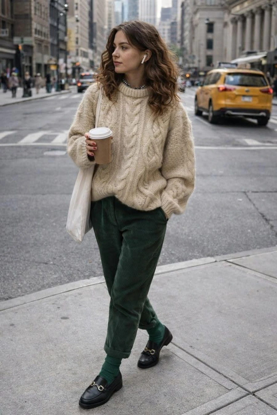 Woman wearing suede sneakers with corduroy pants and a chunky knit