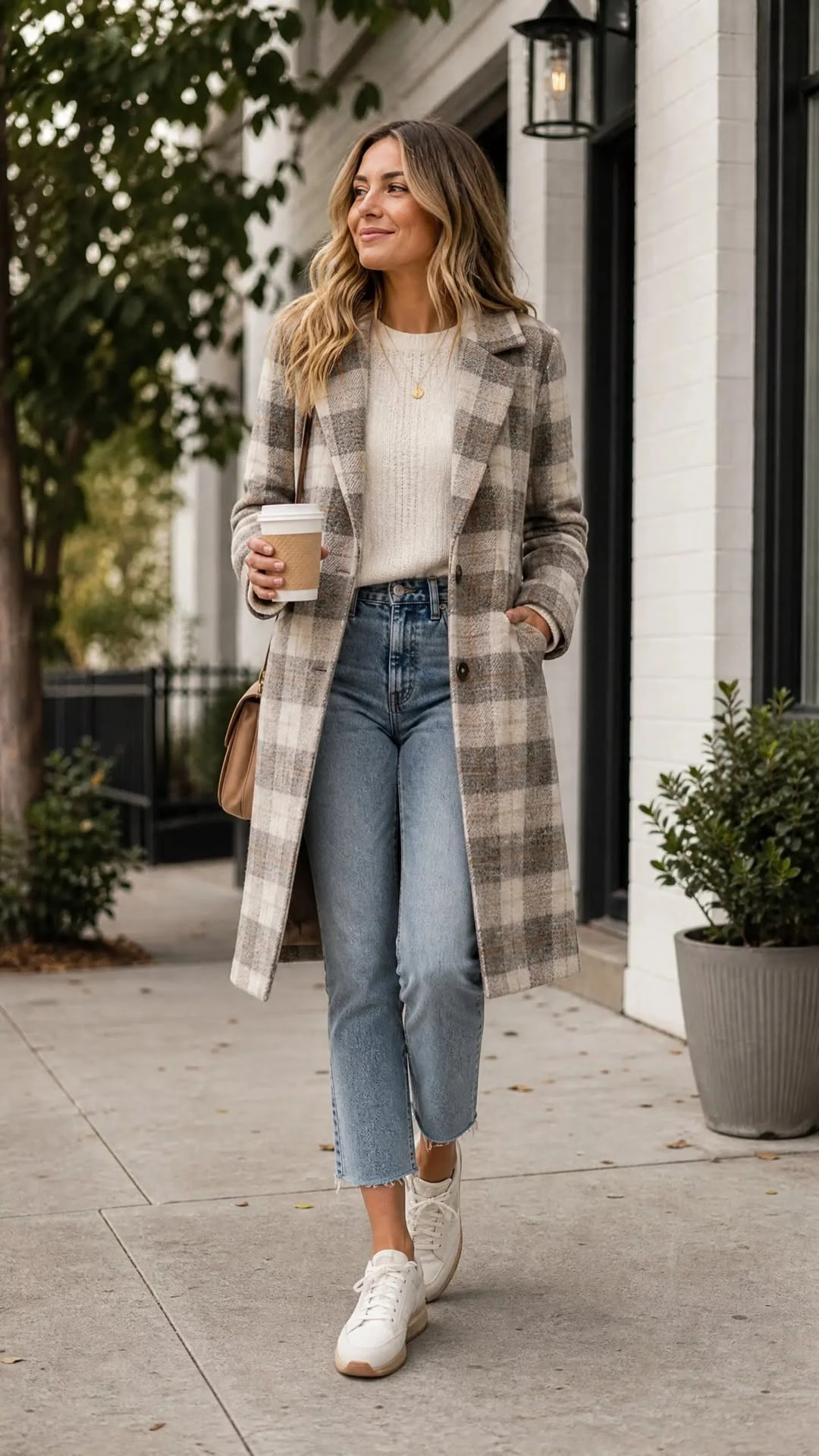 Woman wearing high top sneakers with a plaid coat and skinny jeans
