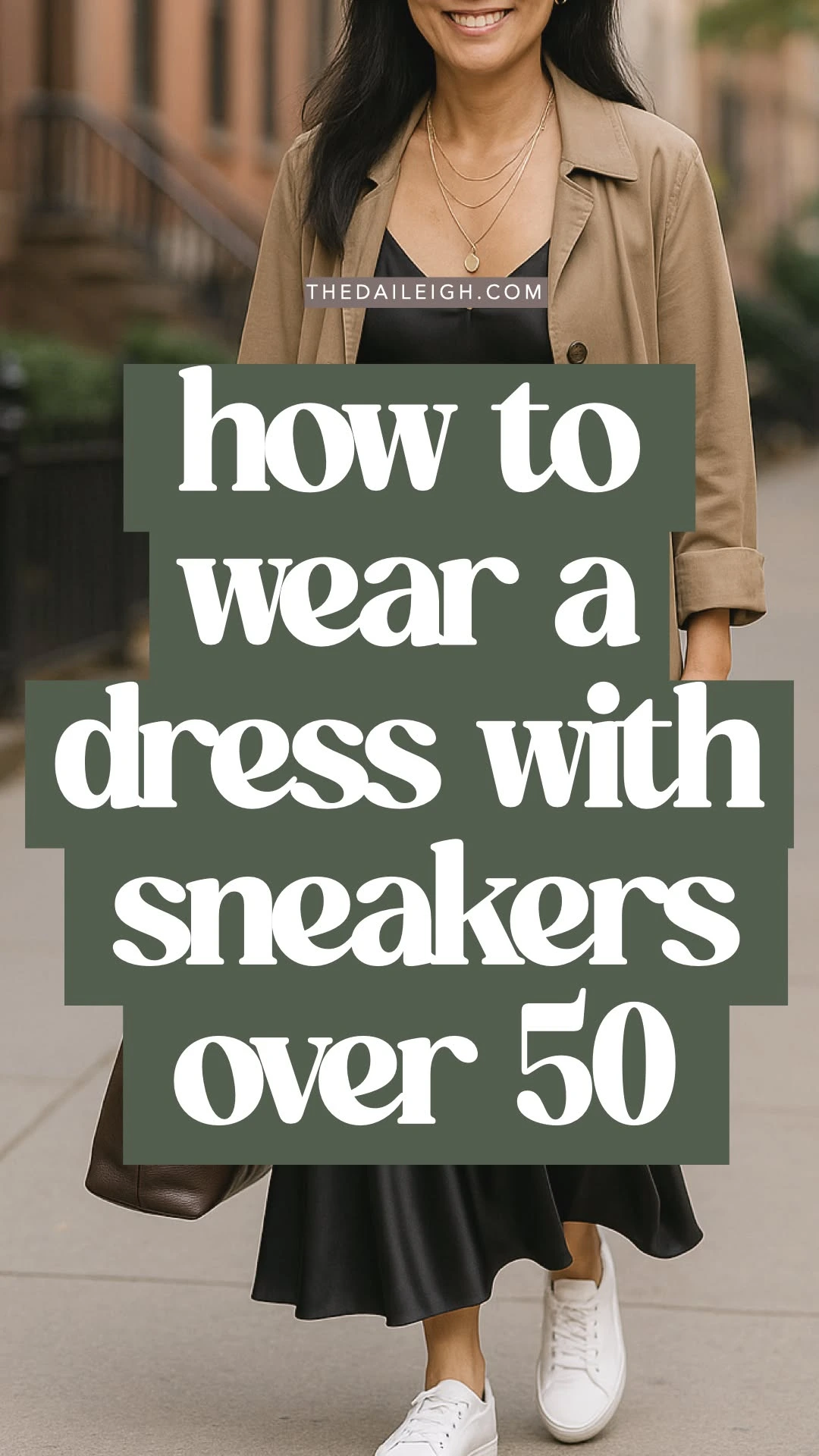Woman wearing slip on sneakers with a shirt dress and light jacket