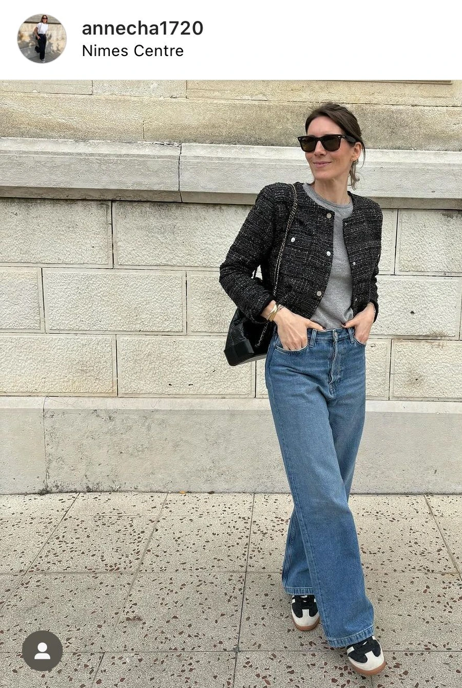 Woman wearing sneakers with a tweed jacket and jeans