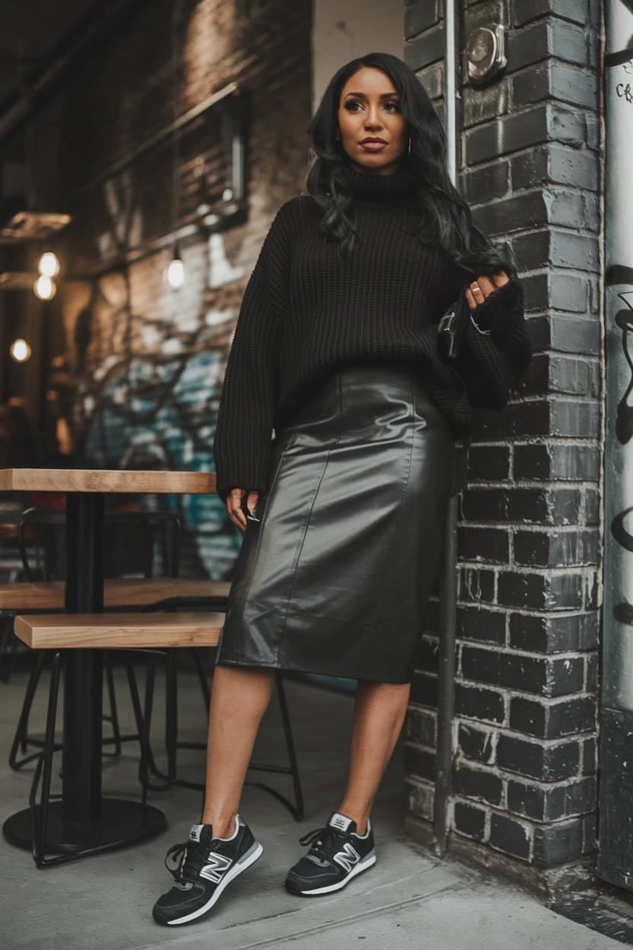 Woman wearing sneakers with a leather skirt and fitted turtleneck