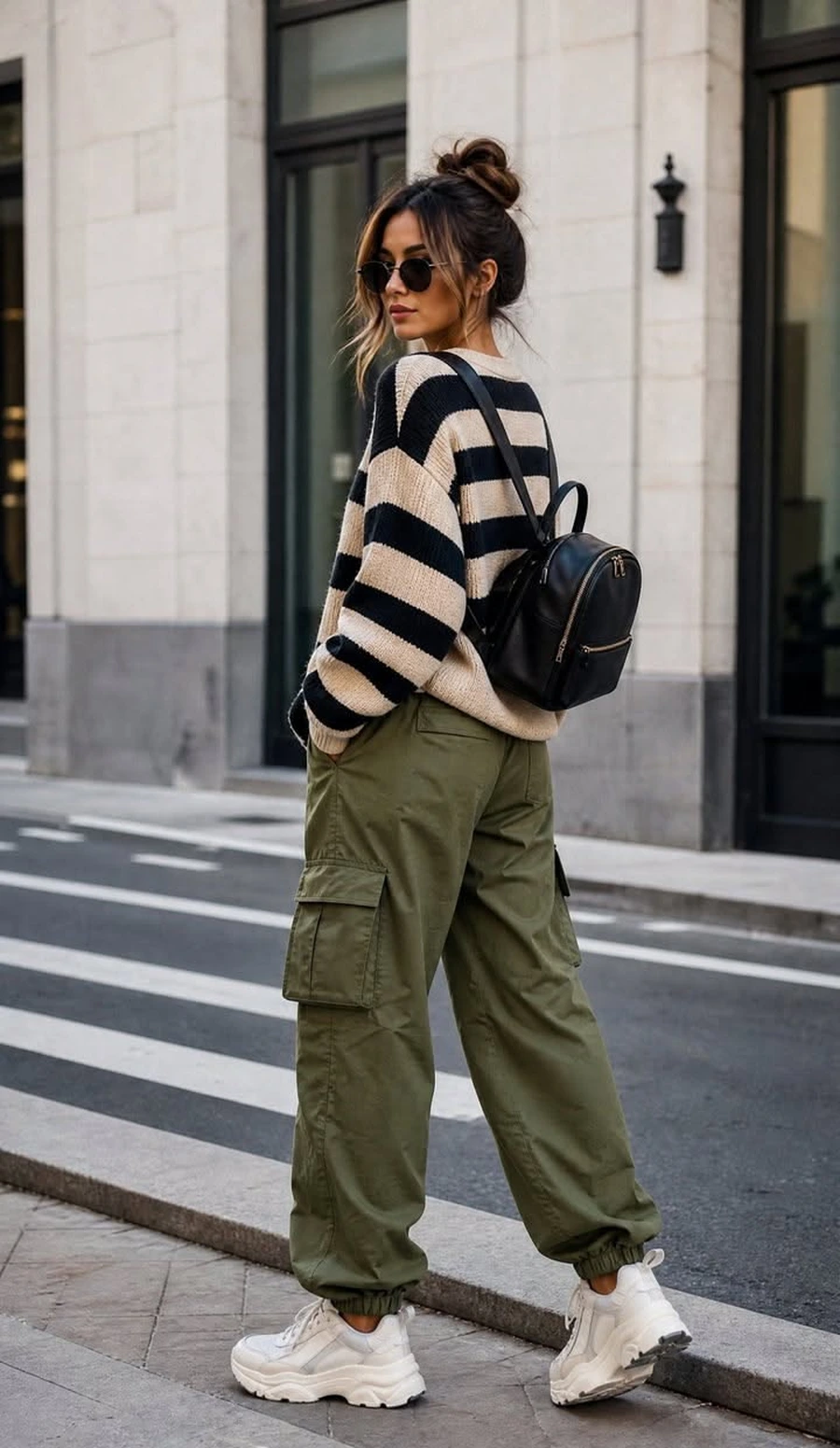 Woman wearing sneakers with cargo pants and a striped top
