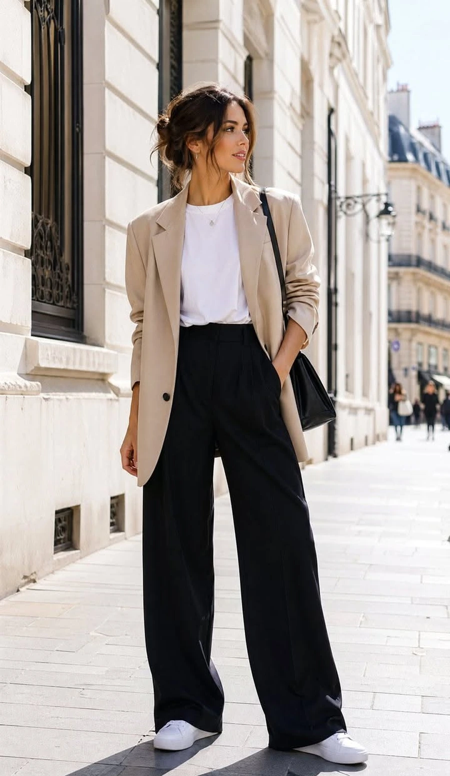 Woman wearing sneakers with wide leg trousers and a soft blazer